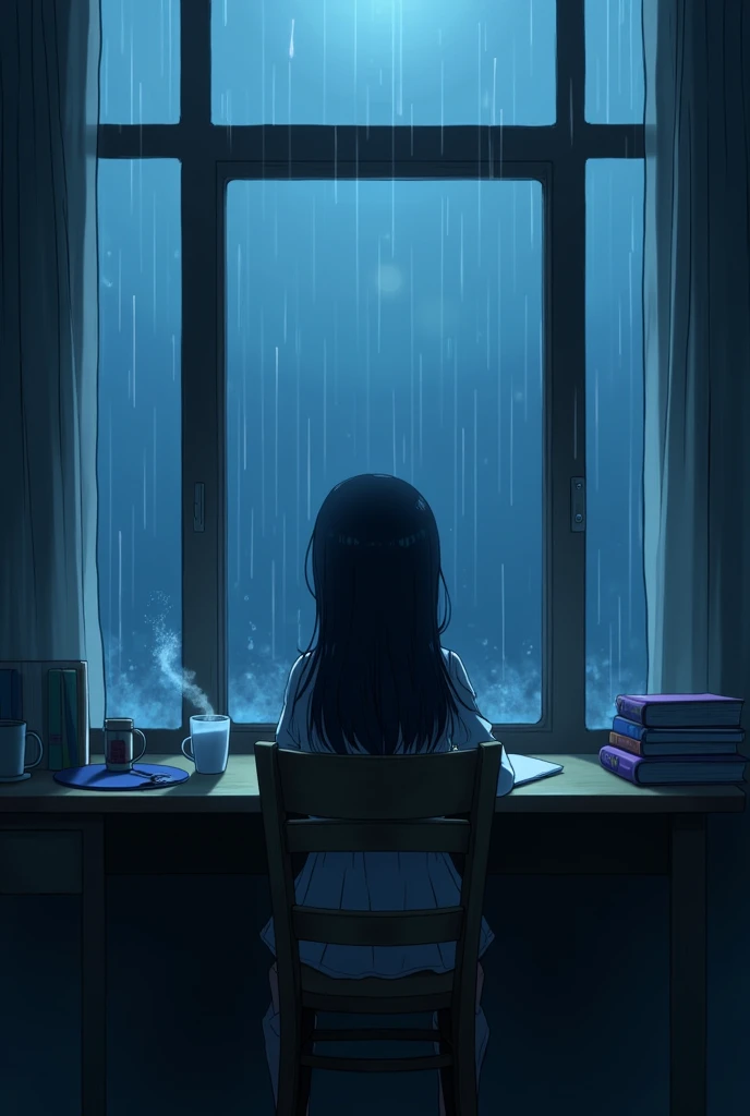 A girl in underwear with a shirt, sitting with her back to a desk writing with a shiny crystal pen, In front of a large window where you can see water droplets falling and hitting the glass., It's cloudy, It's night, and there is an air of melancholy and longing, in semi-realistic anime style and with a pastel color palette