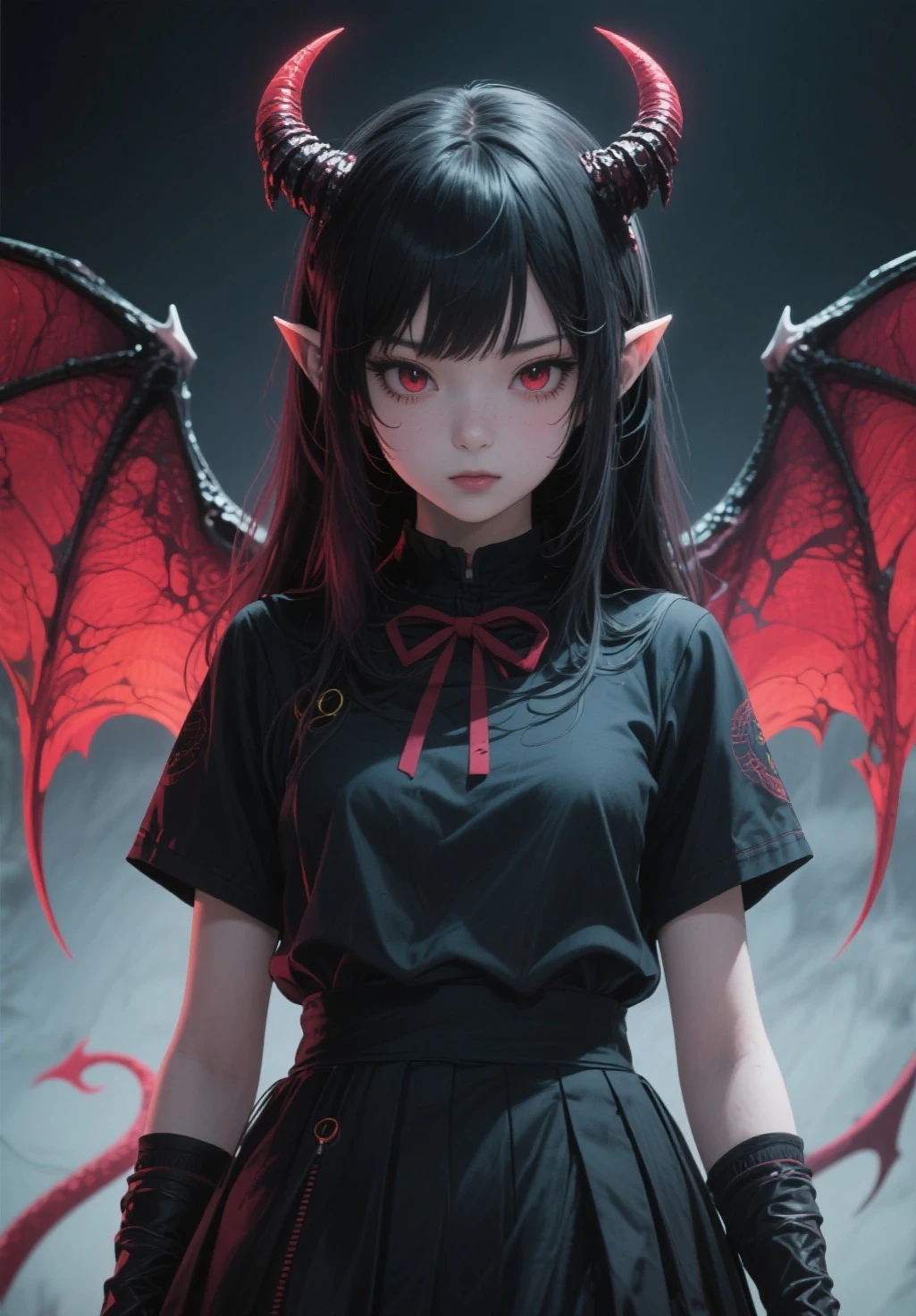 8K,girl, solo,long _hair_with_fringe, jewelry, dark_hair,red_eyes, vertical slit shaped pupils,soldier_uniform,short_skirt, earrings,big_black_bat_wings, goat _horn_on_head,sky, necklace,see-through,pale_skin,indoor,dark_old_stone_castle,night,loud_talking,look_front,black_and_white_background,(finely detailed beautiful eyes:0.5),High contrast,(best illumination, an extremely delicate and beautiful),stand_like_the_queen