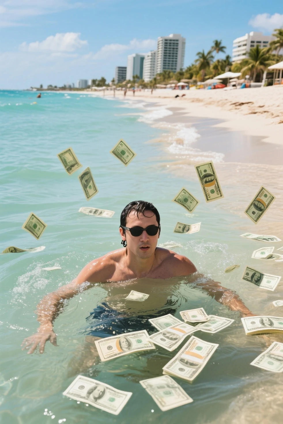 Elon Musk swimming in pool with lots of money