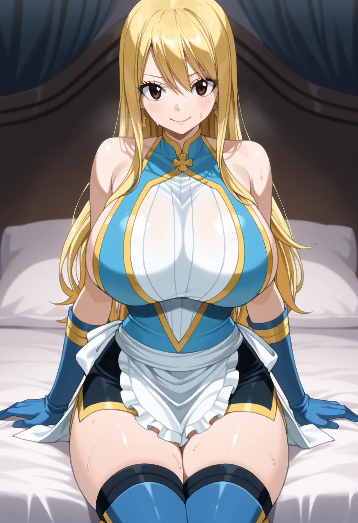 {{{masterpiece}}}, {{{highest quality}}}, {{Very detailed}}, {shape}, (1 boy,  Penis between breasts), lucy heartfilia, Blonde girl with  twintails gives titjob, Blonde Hair, Long Hair,  Blue Ribbon, Big ample breasts, Earrings, throw, My chest feels tight, Wet penis , Cleavage, Bedroom, Sweaty, Big Breasts, Moving lines, Mischievous Smile, belly button,Secretion of milk, milk, get wet, large breasts, black thighhighs, detached sleeves, midriff, cropped vest, strapless, belt, black skirt,