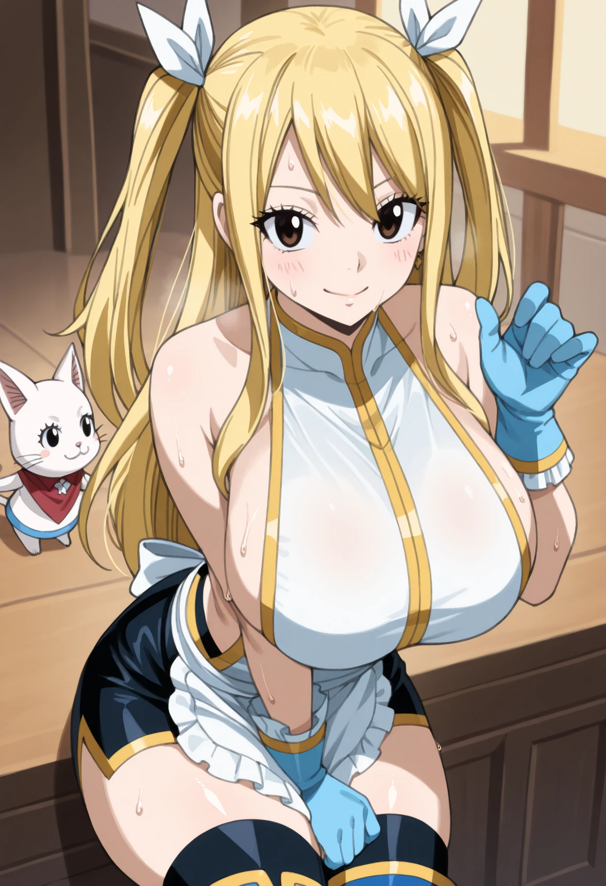 (all fours), gold boots, angel wings, wings, BREAK corset, navel, skirt, blue skirt, sunny weather, (japanese veranda background), japanese home, astraea, anime cels style, best quality, high resolution, 1girl, (huge breasts:1.2), beautiful face, blonde hair, long hair, (red eyes:1.5), cowboy shot, smiling