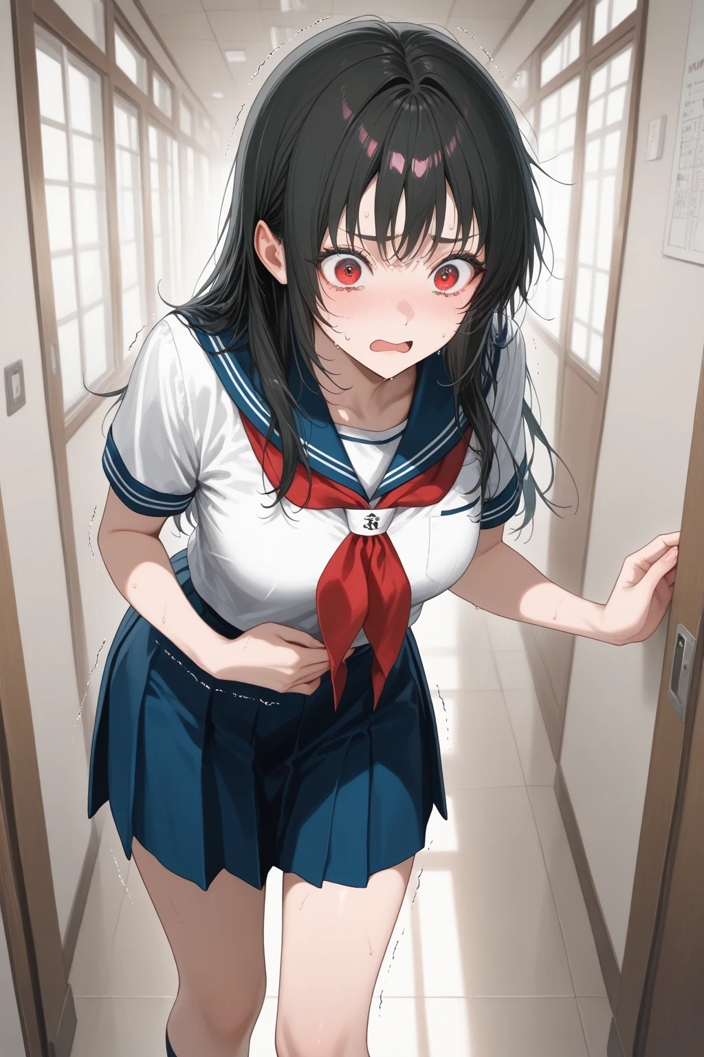 (Photorealistic:1.5), (masterpiece、Highly detailed 8K CG、Sharp lines:1.2)、hi-school girl、A dark-haired、thighs thighs thighs thighs、Beautiful anime 、Smooth Anime CG Art、Beautiful anime 、Beautiful anime girl, (10year-old beautiful girl:1.4), Detailed skin, (gleaming skin:1.6)、short-hair、Beautiful black hair、brown Eye、(many streaming sweat:1.2), (flat chest:1.8), (pigeon toed), (gaunt:1.6), (latex student clothes:1.7), (a sailor suit:1.6), (Dark blue pleated skirt:1.6), (full body:1.4), solo, (one girl:1.4), standing, (looking away1.3), (from below:1.5), Inside the classroom, (blush:1.5), (anguish:1.4), (spread legs:1.4), open mouth, (Lots of clear drool overflows from her mouth and drips from her chin.:1.5), (half closed eyes:1.3), (Sweat pouring from her pubic bone:1.4), (crying:1.4), (leaning forward:1.4), (many Tentacles clinging to her:1.6), (Tentacle under clothes:1.6), (short sleeve:1.2)