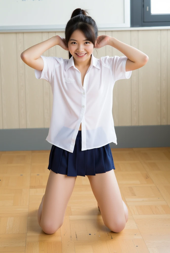 1girl, from below, smile, pretty, black hair, cowboy shot, buruma, bloomers,  