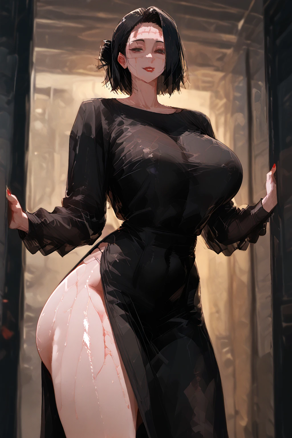 masterpiece, best quality, extremely detail 8k cg, high resolution, 1girl, kurenai yuhi, pale skin, black hair, red eyes, choker, outfit-gls, sweater, high-waist skirt, long skirt, huge breasts, indoors, standing, beautiful face, cowboy shot, from behind