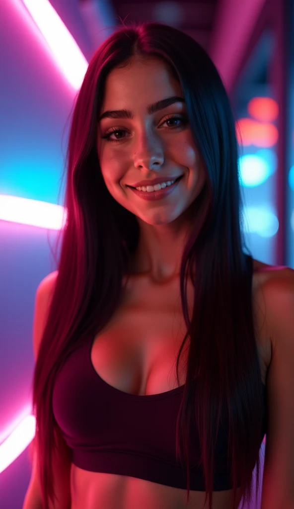 customer service girl, 8k, masterpiece, RAW photo, best quality, photorealistic, extremely detailed CG unity 8k wallpaper, Depth of field, Cinematic Light, Lens Flare, Ray tracing, (extremely beautiful face, beautiful lips, beautiful eyes), intricate detail face, ((ultra detailed skin)), ((1girl:1.9)), ((standing alone:1.9)), ((17years old)), (beautiful and aesthetic:1.2), (big smile:1.2), deep shadow, (sharp focus), [((Raiana-Elizabeth-Dilla:1.9))], pretty girl, (very slim slender fit-muscled body:1.9), (((business-style fashion:1.9))), (((((red:1.5)) outfits with ultra-short ((red:1.5)) miniskirt))), (((neon lights, digital-abstract background:1.9))), (shiny skin), clear eyes, (pale skin), ((whole-body-view:1.9)), ((full-body:1.9, cinematic shot)), soft lighting, (flowing dark-black hair), (looking at viewer:1.8),  ((beautiful legs:1.2)), cleavage breasts, (large breasts:1.4), highly detailed, ultra realistic, extremely detailed and realistic ((red:1.5)) clothes.