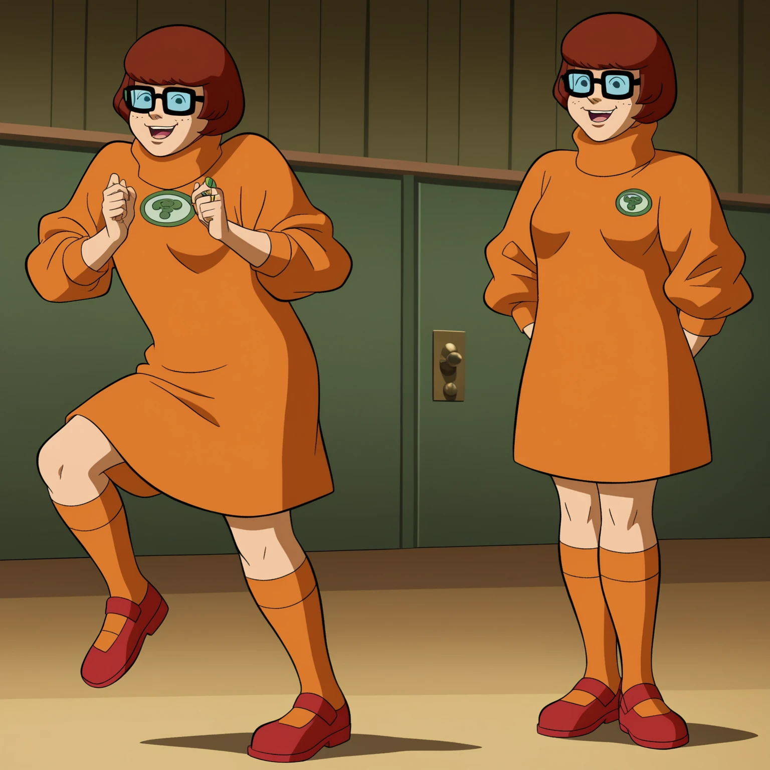 score_9, score_8_up, score_7_up, zPDXL, sd90style, retro artstyle, source_cartoon, 2D, 1girl, velmadinkley , glasses, turtleneck sweater, dark background, forest, looking at viewer, red skirt, orange socks, sitting on grass, smiling, shy, spread legs, Orange panties, cameltoe, happy face, hands on knees,