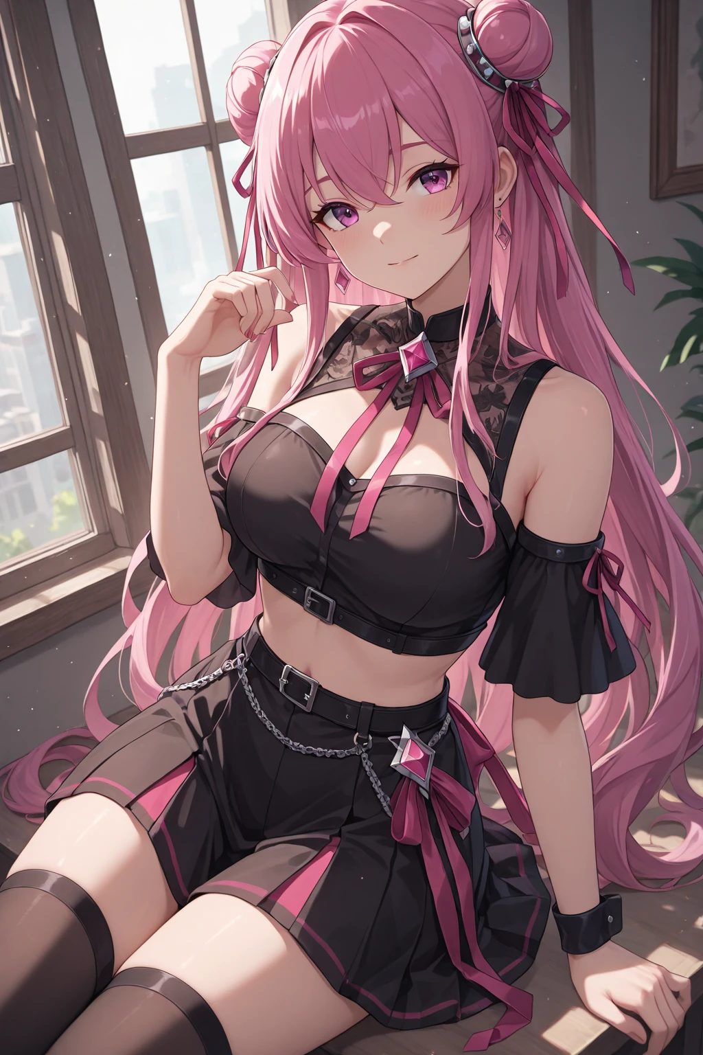 n3n33fthy, long hair, pink hair, hair over one eye, ahoge, yellow eyes, large breasts, choker, fishnets, thighhighs, navel, detached sleeves, crop top, chain, pleated skirt, jewelry, outdoors