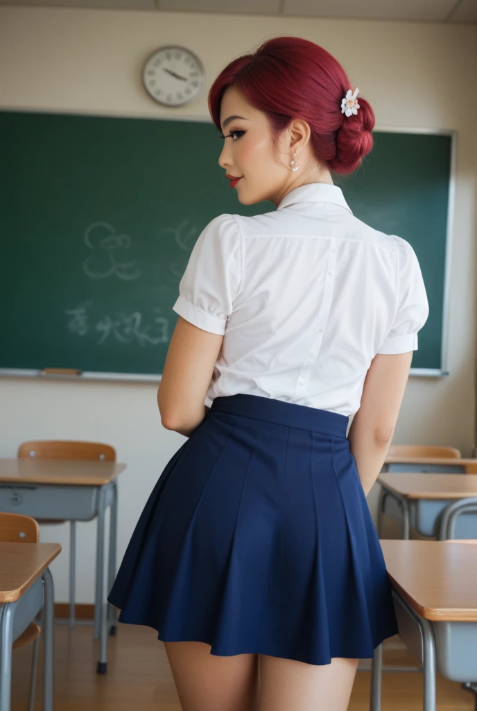(Elite secretaries of the upper class), sit a chair,Classroom、 (Wear pantyhose)、(Short Layer Hair)、crossed legs, Wear high-end heels、 (Thighs and pleated skirts), Collared Button Shirt Student, Wear a shirt and a short pleated skirt, Student attire, Raw photo, (8K、top-quality、tmasterpiece:1.2)、(intricate detailes:1.4)、(Photorealsitic:1.4)、octane renderings、Complex 3D rendering ultra detail, vibrant detail, super detailing, realistic skin textures, Detal Face, Beautiful detail eyes, Very detailed CG Unity 16k wallpaper, Makeup - Makeup, (detailedbackground:1.2、((chalk board))、Backshots、sideshot、Uniform Ribbon), shiny skins、Naked on the thighs!!!,