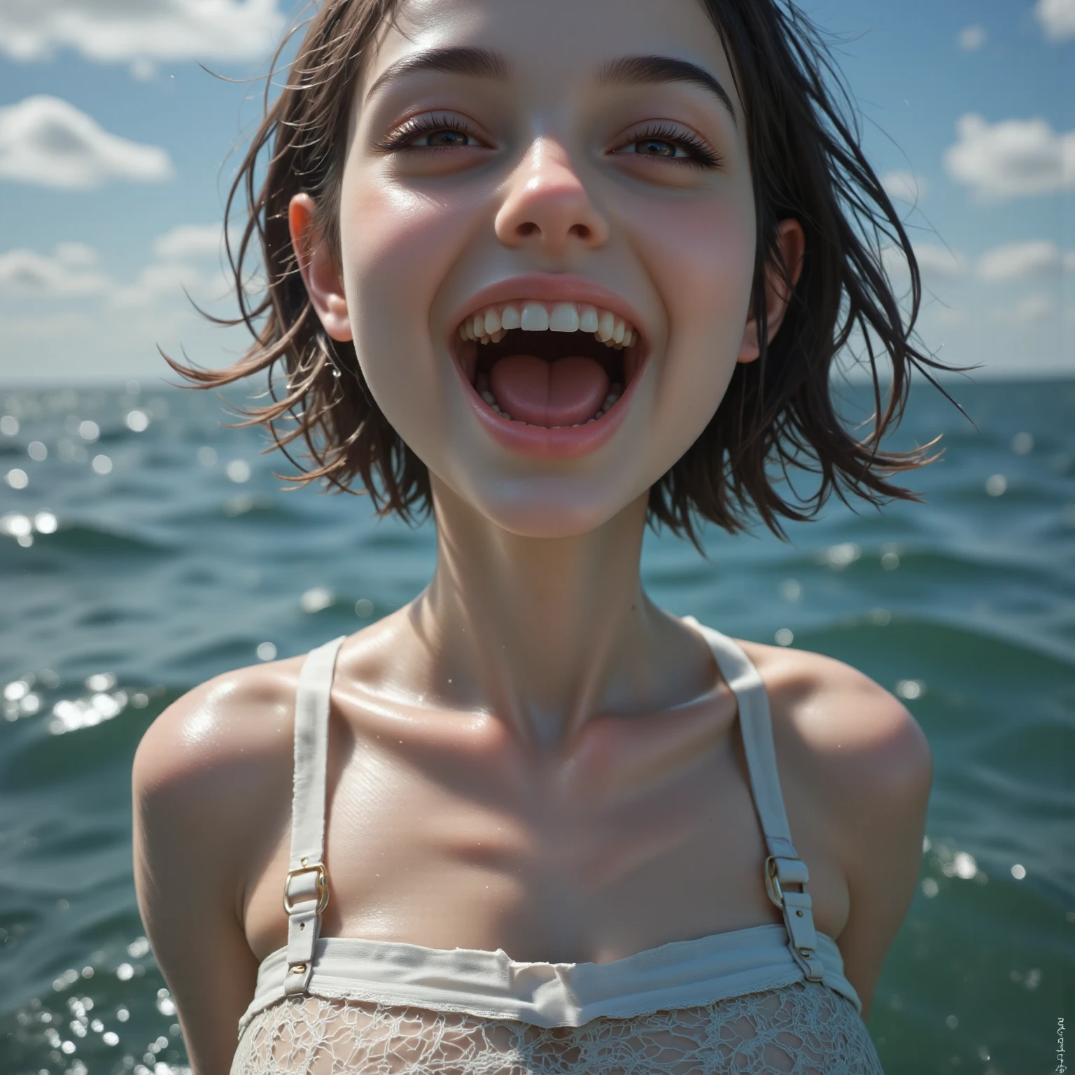 short hair, (wet:1.3) to walk, Laughing, Mouth open, language, dressed, eyes are open, three-quarter portrait:1.3, Eyeliner, smile, white body, young, nipples, standing, naked torso, pussy, ass, smiling, bend over, wet body, spread legs, pissing on viewer, pussy focus view, view between legs