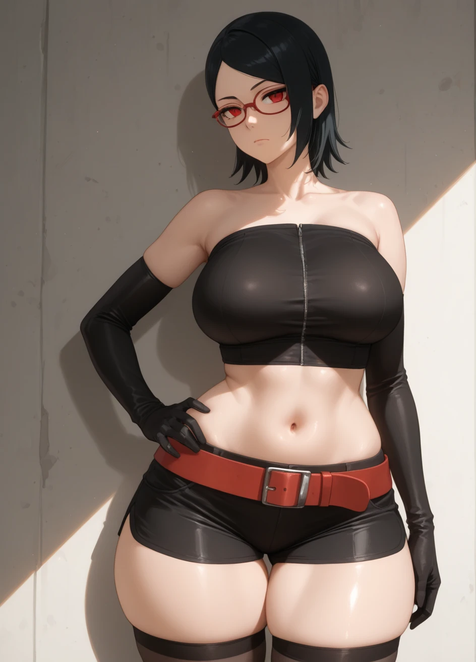 _asura style, 1girl, rukia kuchiki, breasts, solo, glasses, thighhighs, gloves, navel, navel_piercing, swimsuit, bikini, short_hair, piercing, round_eyewear, black_gloves, cleavage, open_clothes, hair_ornament, pink_thighhighs, medium_breasts, lace_trim, lips