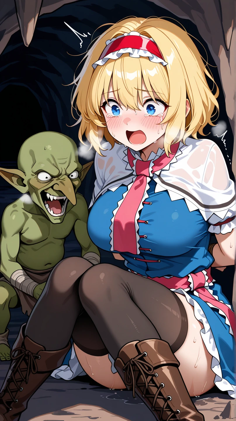 masterpiece, Highest quality, Highest quality, High resolution, concentrated、You can see the top and bottom of your underwear(White underwear)、Open chest、The crotch is open、A warrior girl being pushed down by a goblin and having her breasts grabbed(White Hair)(Blue clothes)(choker)(belt)(Heart Necklace)(The longest knee-high socks)(Earrings)、Side view、Horizontal angle、Drops of sweat fly、Speed、Inside the cave
