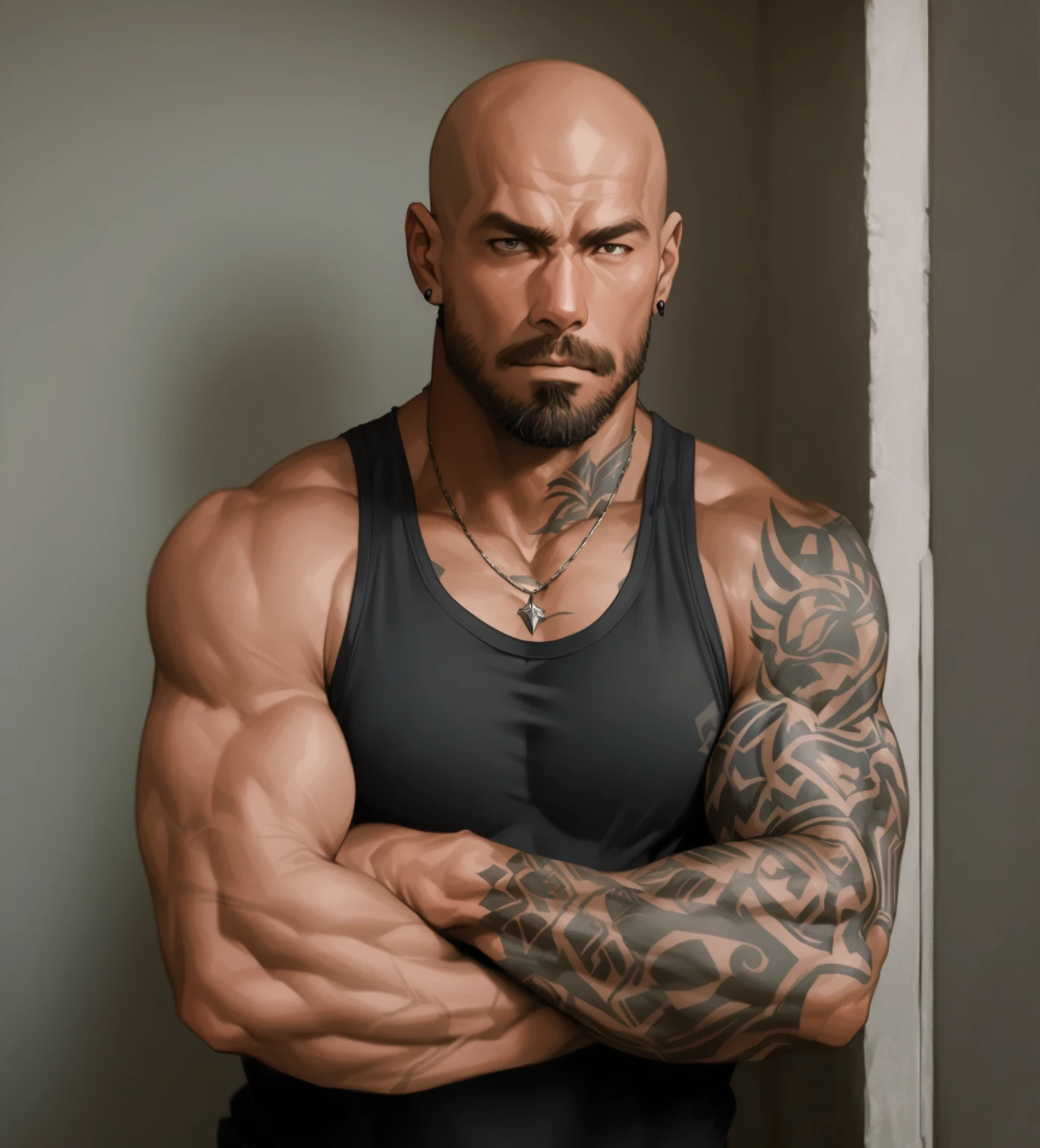 1boy, indian, solo, facial hair,70 yrs old, stud, male focus, flaccid penis, bald head, pectorals, bara, muscular, mature male, muscular male, abs, long beard, ring nipples, short hair, navel, stomach, large pectorals, thick eyebrows, corset, white shirt, bare pectorals, dark-skinned male, erection, thighs, garter and suspenders, erection under clothes, fancy suit, dark skin, tie, open shirt, jacket, grey business suit, pectoral cleavage, cowboy shot, cop agent uniform, feet out of frame, thick thighs, looking at viewer, masterpiece, 4k, high quality, highres, absurdres,