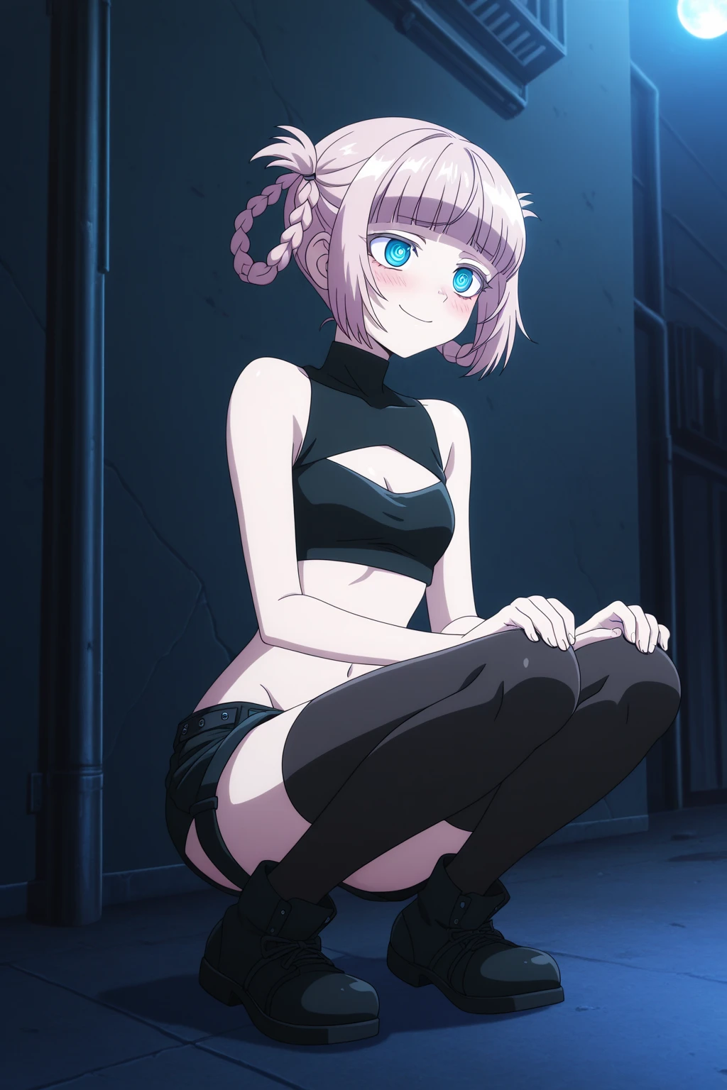 (masterpiece, best quality, very aesthetic, ultra detailed), intricate details,
1girl, nanakusa nazuna \(yofukashi no uta\), yofukashi no uta, blue eyes, braided hair rings, black shirt, black shorts, cleavage cutout, clothing cutout, cropped shirt, sleeveless, navel, black thighhighs, wariza,