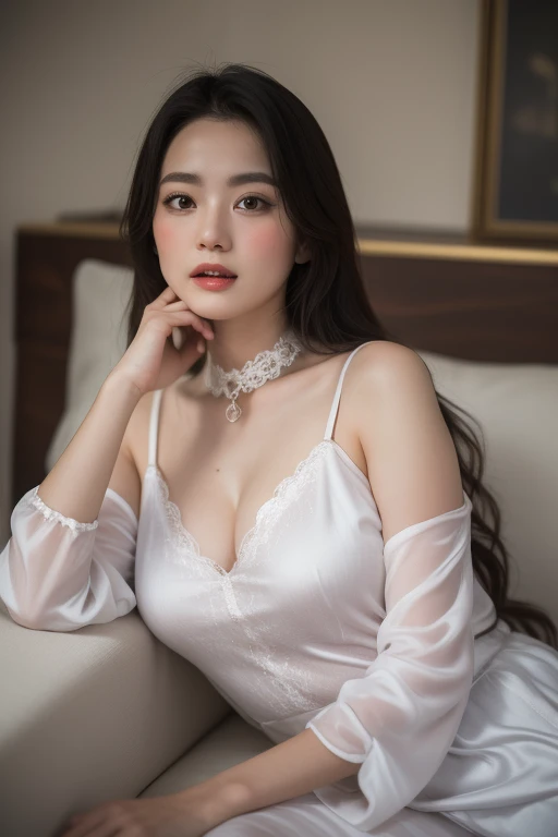 （(Girl lying in bed))、beauty、 A girl、Solitary、Long hair、Viewer、Smile、（Eyes closured)、Hair accessories、、gem、White hair、shut your mouth、Upright banganicur、bracelet、Lips、Gray eyes、image、Red nails、closure、赤いLips、Put your hands on your face、Put hand on cheek、()、(Glowing skin)、((The skyscrapers outside the window are hazy))、(Off-the-shoulder white floral dress),),((Sleep with your legs slightly apart)),(Legs open),((White is clearly visible)),（Upskirt)、((Holding a wine glass)),