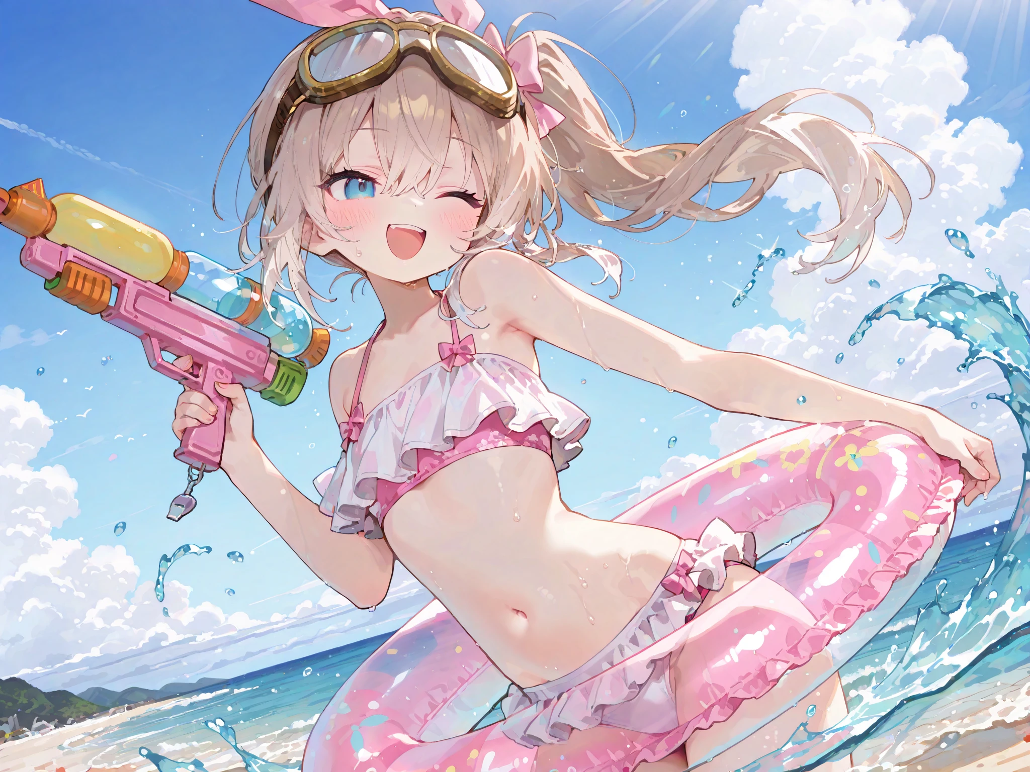 score_9, score_8_up, score_7_up, source_anime,masterpiece, best quality, high resolution, extremely detailed CG, absurdres, highres, 1girl, solo, a girl in swimsuit surfing with a surfboard on top of ice-cream, soft cream,fruits, summer,happy,babycreamxl