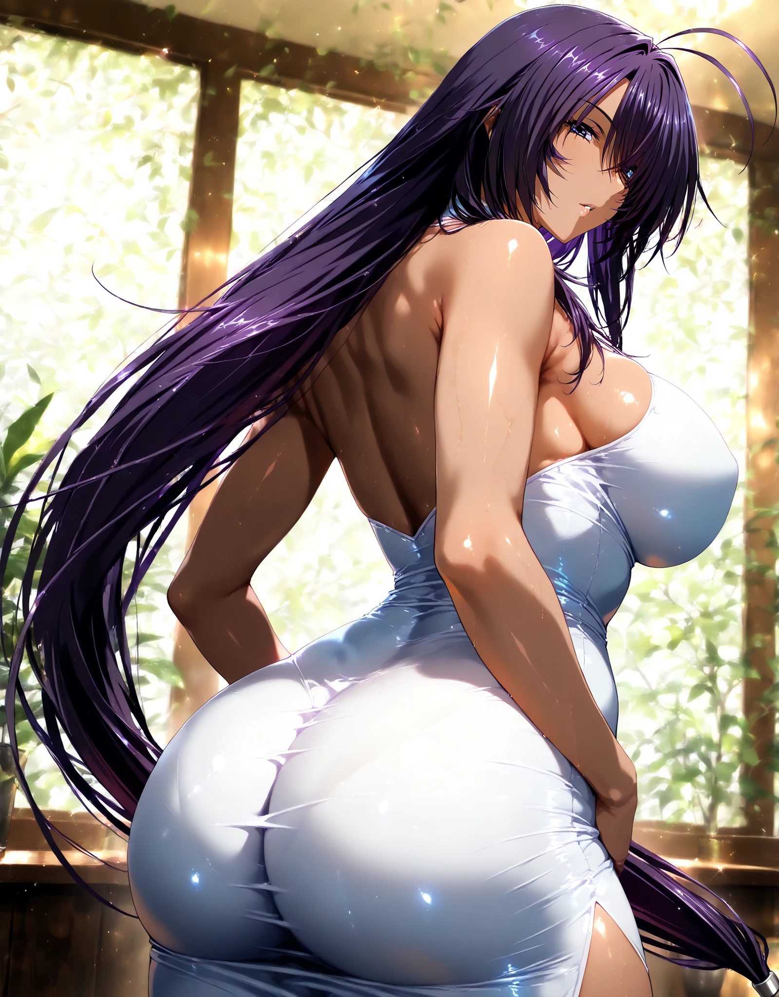 masterpiece, top-quality, 1girl in,Reisen Udon Giyin Inaba, Purple hair,Very long hair, rabbitears, red eyes, Bamboo forest background、red blush、Colossal tits、teats、A slender、A sexy、fullnude、It is dripping with the mouth open and the tongue sticking out、buttocks visible、Looking back、Face during estrus、Hands sticking out the butt about the wall、full body seen
