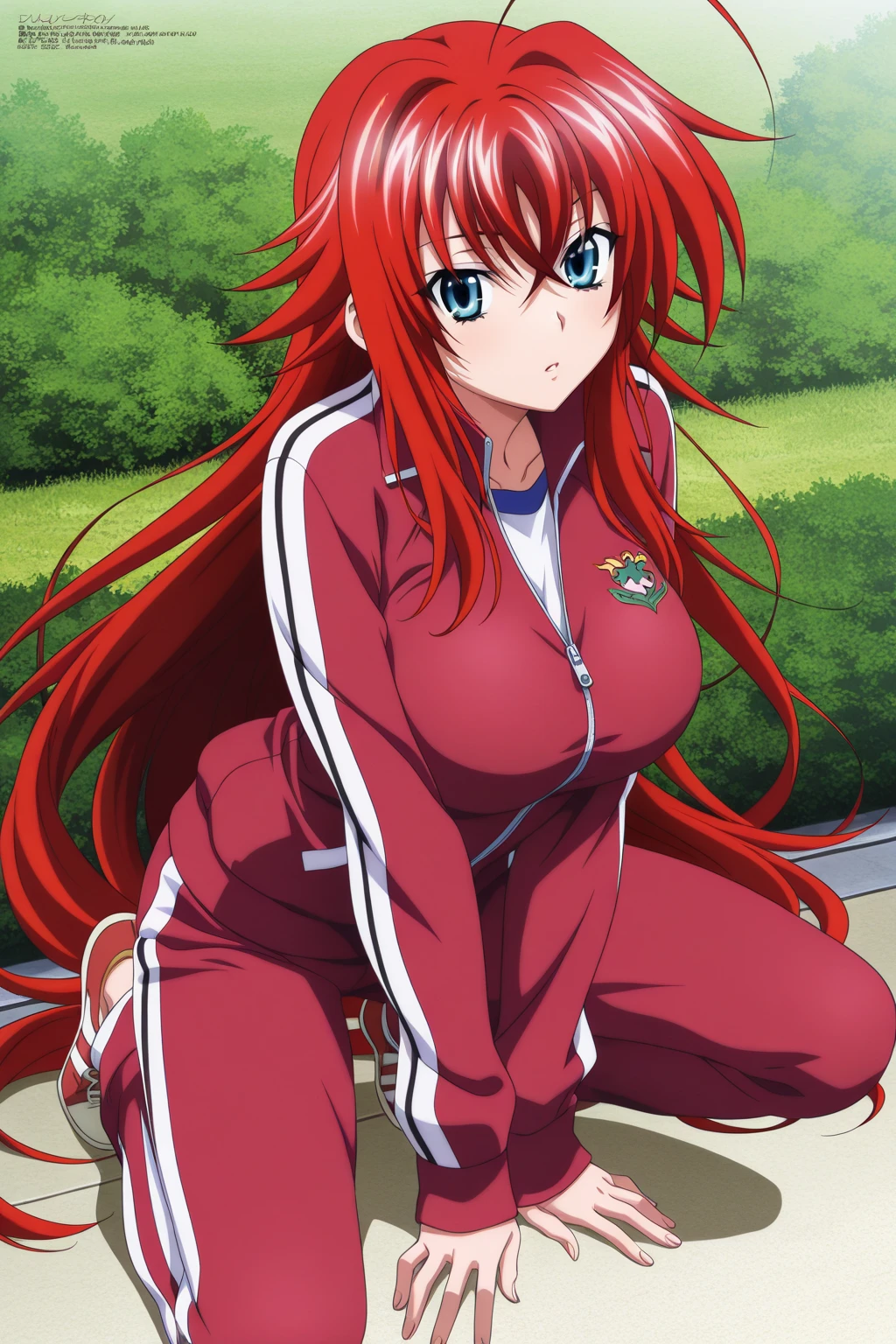 red hair, long hair, braid, red eyes, anatomically correct, heavy breathing, huge breasts, breast press, 1girl, tree, solo, outdoors, autumn, leaf, autumn_leaves, smile, squatting, socks, sky, tracksuit, sneakers, (shaded face:1.2), hollow eyes, red eyes, looking at viewer, heavy breathing, smirk, upper teeth, lips, 