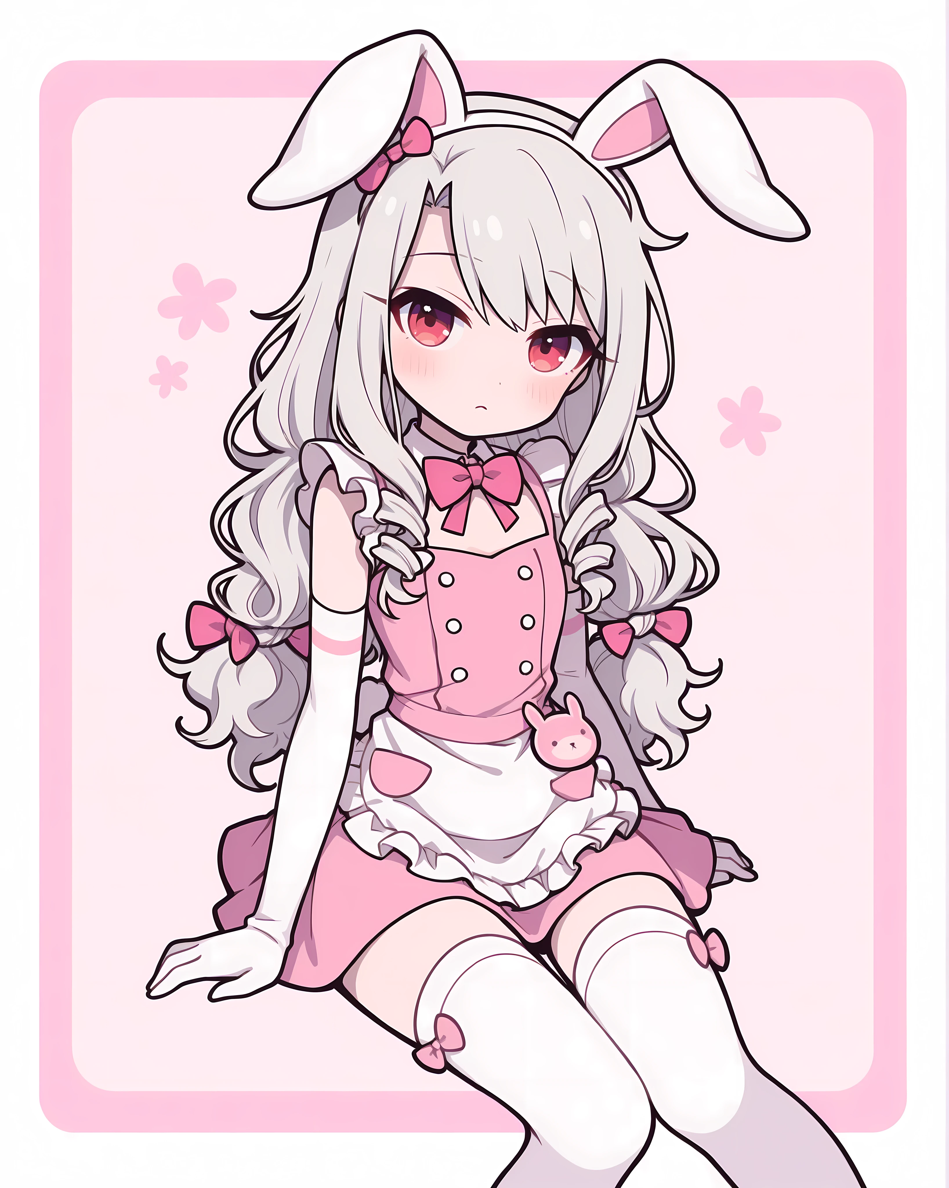 Anime girl inspired by Illyasviel von Einzbern wearing a cute bunny café uniform, stylized in soft shojo anime illustration, pastel pink and white short dress with ribbons and frills, bunny ears headband, long silver hair tied in soft curls, white gloves and thigh-high socks with bows, sitting or standing, background is solid pastel or white, very cute and innocent expression