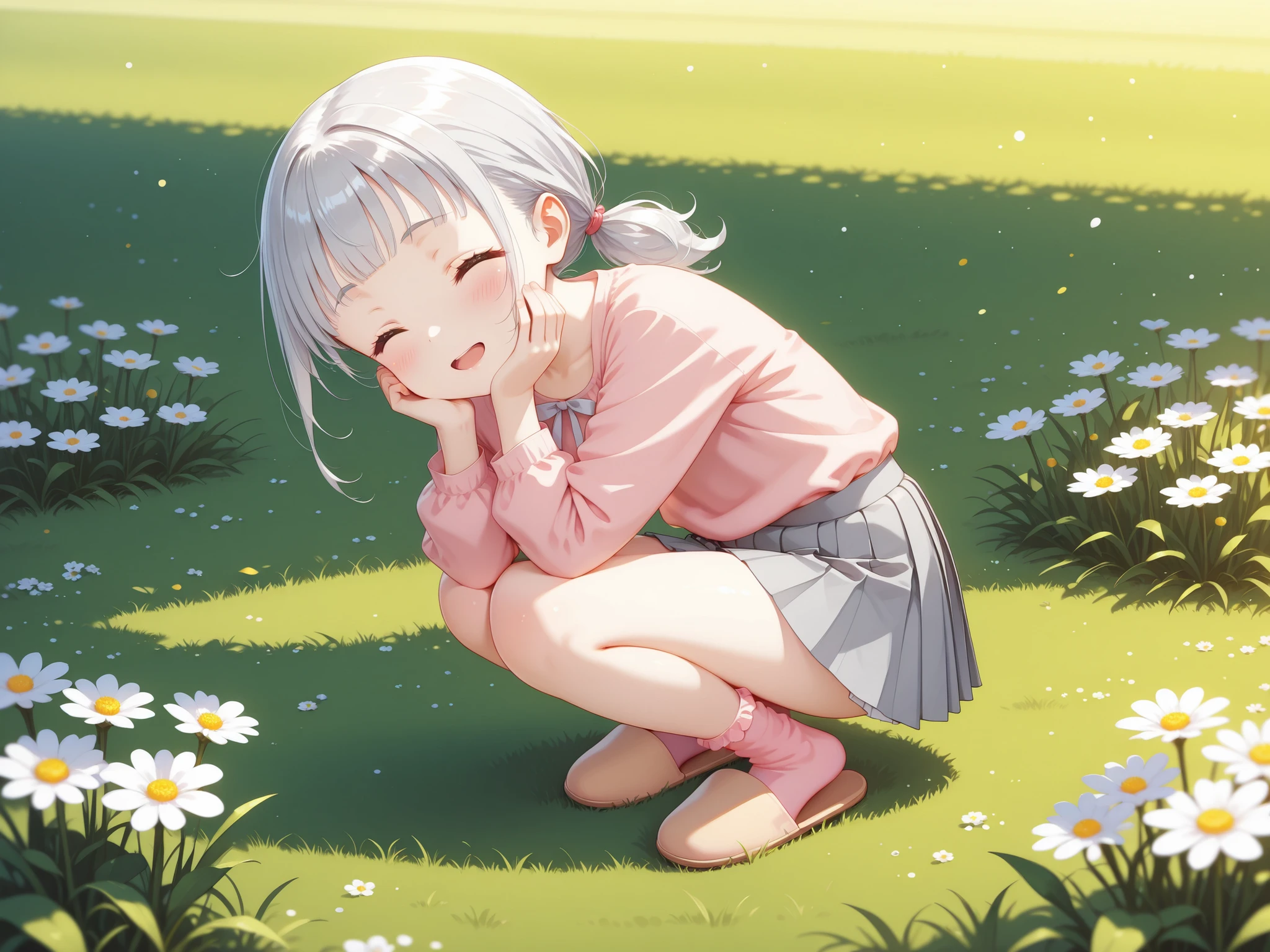 (a high quality digital drawing), (finely detailed), ((perfect anatomy)), (vibrant colors), (clear and sharp lines), 1girl, ((safe for work)), ((child)),
break,
((small round face)), ((closed eyes)), ((fair skin)), ((open mouth)),
break,
((long silver hair)), ((low ponytail)) ((smooth bangs)),
break,
((fluffy plain pink shirt)), ((gray pleated skirt)), ((pink socks)), ((brown slippers)),
break
((from behind)), ((looking at viewer)), ((hand on cheek)), ((blush)), ((kind smile)), ((detailed grass field with flowers))