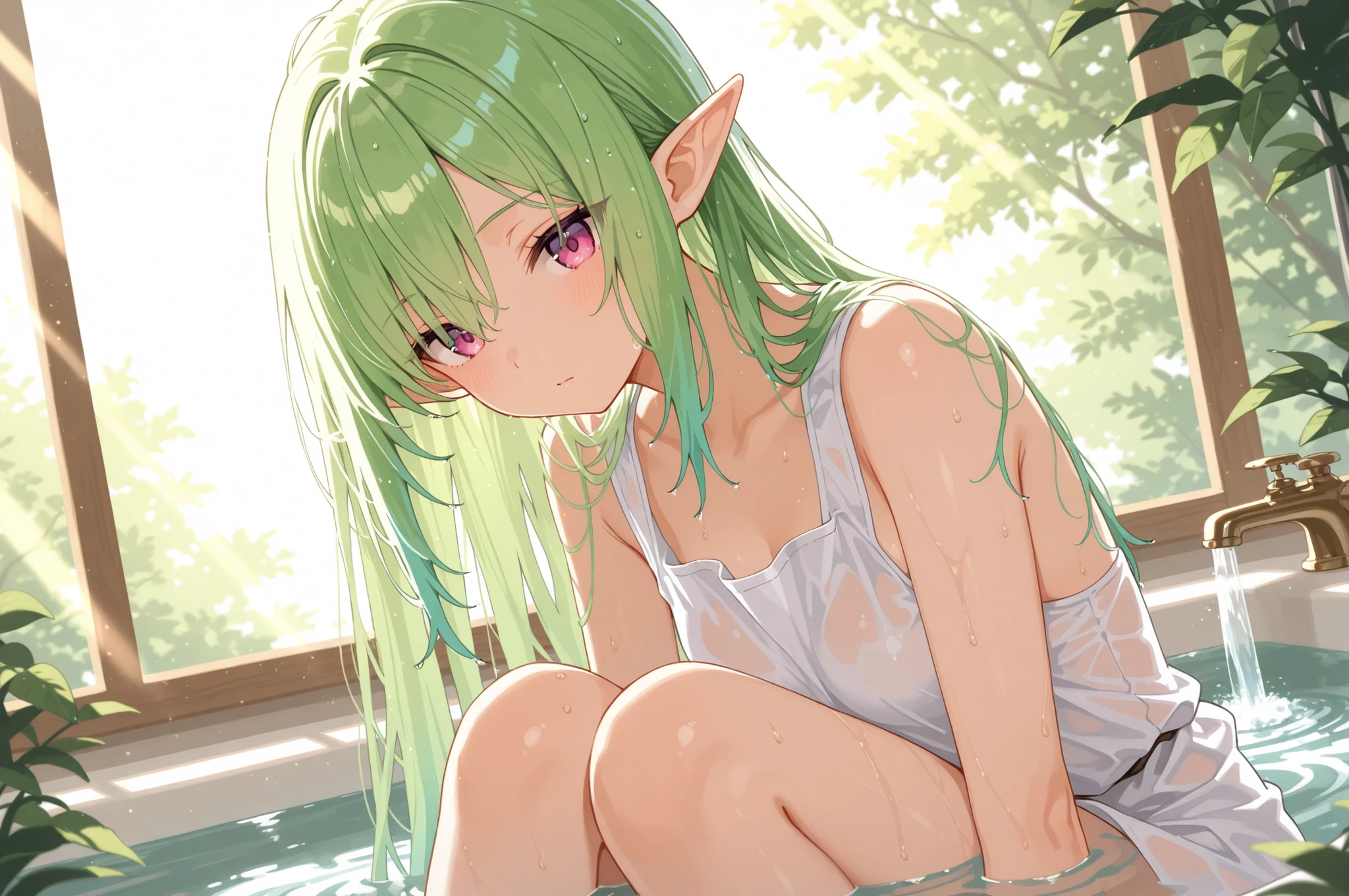 BREAK looking at viewer, BREAK (masterpiece:1.2), best quality, high resolution, unity 8k wallpaper, (illustration:0.8), (beautiful detailed eyes:1.6), extremely detailed face, perfect lighting, extremely detailed CG, (perfect hands, perfect anatomy),onsen,hot springs,outdoor,grey hair, side ponytail, (purple eyes:1.1),frieren, long hair, twintails, (green eyes:1.5), grey hair, pointy ears, elf, jewelry,small breast,smile,towel,sitting,spread legs,from above.