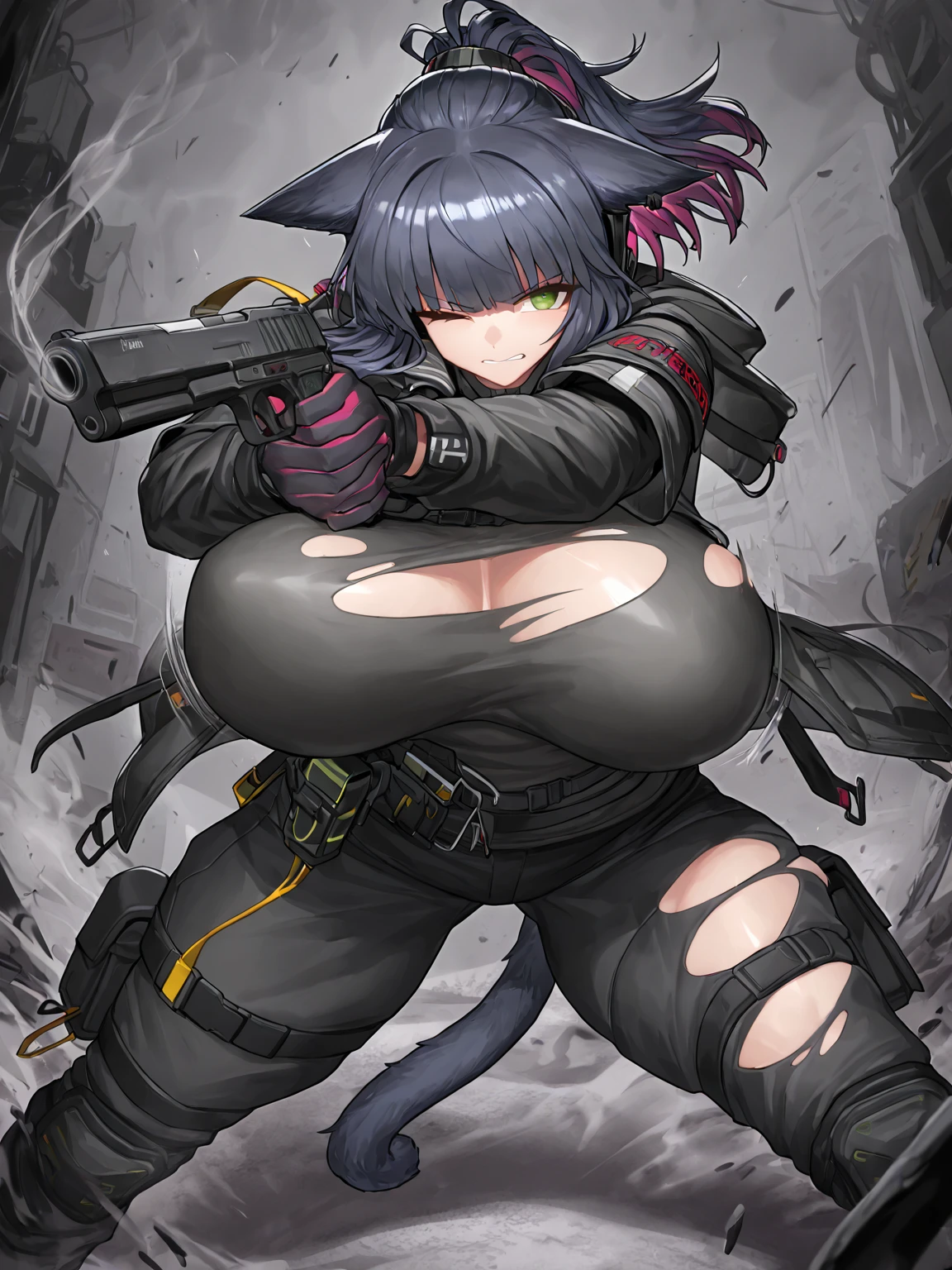 top quality, best quality, High-quality illustrations, masterpiece, super high resolution, detailed background, detailed background, detailed eyes, Happy, joyful, absurdres(highly detailed beautiful face and eyes)perfect anatomy(kemono, furry anthro), (((character is grayscale))), streamlined integrated breasts pumps built into top, smaller waist, full squishy thighs, full wide hips, round full butt, smaller torso, more narrow torso, smaller stature and height (((Tight tactical bodysleeve under clothing))), (((wearing tight fitted shirt))), (((dark grey fur))), (((dark body))), (((no nudity))), solo, female, kemono, hair, fullbody view, (((detailed eyes))), silver reflective colored iris, city, golden hour, plants, (((by bebebebebe))), by buta99, by pgm300, by kishibe, by suurin 2, by sindoll, by secretly saucy, by ANUKI_ex, (((dark grey hair))), (((wavy hair))), (((dark grey fur))), (((no fur pattern))), (((all dark grey body))), (((dark grey body))), feline, cat, glasses, scifi cyberpunk techwear cargo pants with utility straps, tight bra with thin straps and underbust support that struggle to hold breasts that squish and barely fit with excess breast squishing out from cleavage and sides worn under jacket, bra zips in the middle, bra straps connecting to harness for support, techwear crop jacket with triangle decals, scifi devices and tactical gear, tech harness, utility focused clothing, scifi tactical cylinder canister attached horizontally to her belt behind her with subtle tubes leading out from each side through her clothing and up to her breasts, (((dark grey eyes))), open mouth, facing camera, (((messy hair))), short hair, messy ponytail, with dark grey colored fur, full body covered in black fur, freckles on her thighs back and arms, no fluids, (((zzzz-cup size breasts))), (((very large swollen breasts that have difficulty fitting in clothing))), nipple silhouette from clothing, inverted nipples, puffy nipple