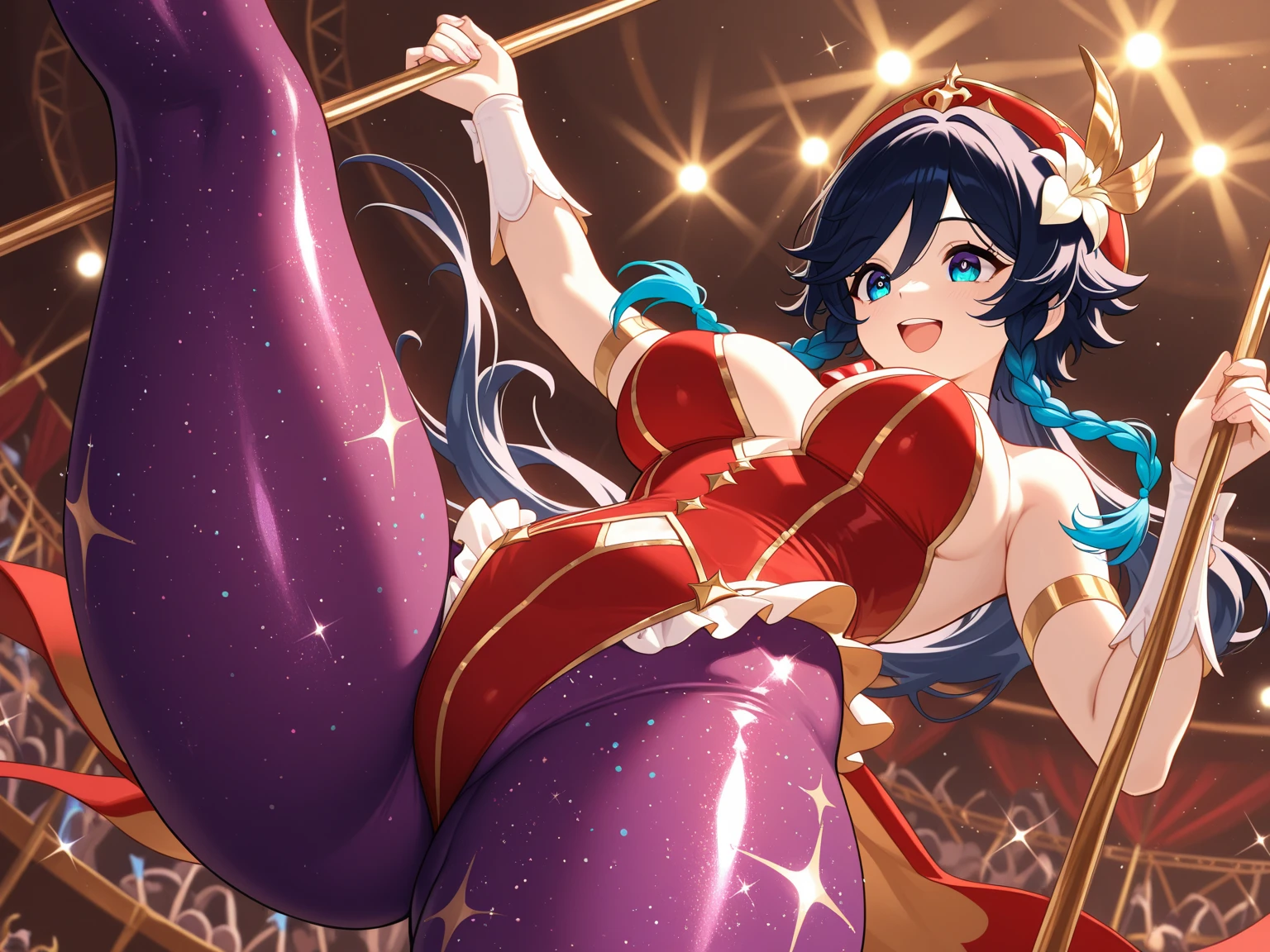 {{{masterpiece}}}, {{{best quality}}}, {{ultra-detailed}}, {illustration}, {{an extremely delicate and beautiful}}, (beautiful detailed eyes:1.6), extremely detailed face, 16k, anime face, NSFW, Asamiya Athena(The King of Fighters 97), cute face, Slender beautiful legs Purple eyes, Purple hair, Long hair, white earrings, red hairband, star hair ornament, medium breasts, thin waist, big hips, curvaceous, Red vest, white high-necked, White puffy sleeves, Short sleeves, Red pleated skirt, barefoot, Yellow belt, purple sphere shape necklace, (deep red pantyhose:1.3), thighhighs, zettai ryouiki, white short socks, Red shoes, BREAK, Cute girl are having a street fight, flying kick, HIGHKICK, jump, kick, open mouth, smiling, looking at viewer, outdoor, on stage, stretch one leg forward, dynamic pose