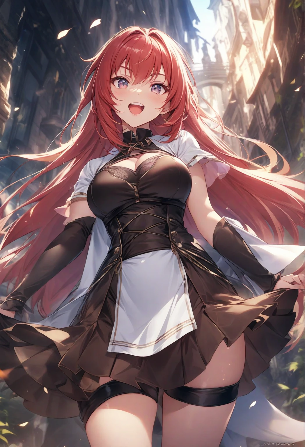 ((Wuthering Waves_dusty)),(masterpiece),(Highest quality),(Very detailed),(Best illustrations),(Best Shadow),(Absurd),(Detailed Background),(so beautiful), Dusty(arrival), One girl, chest, alone, dress, chestの谷間, Orange eyes, View your viewers, Exposing shoulders, white dress, medium chest, blush, Redhead, Striped Hair, Gray Hair, Captivating smile, from the front, Cowboy Shot, Arms crossed, Medieval city background, night,