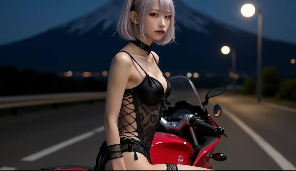 Masterpiece, 4K, bokeh, Photorealistic, high school girl on the beach , (Japanese idle:1.6), (White bob hair:1.3), Light blue eyes, (Cat ears:1.3), Plump breast, Looking at the viewer, Blushed face, (cow pattern bikini:1.3), Ride on motorcycle, sunset seashore, Beautiful sky and clouds,
