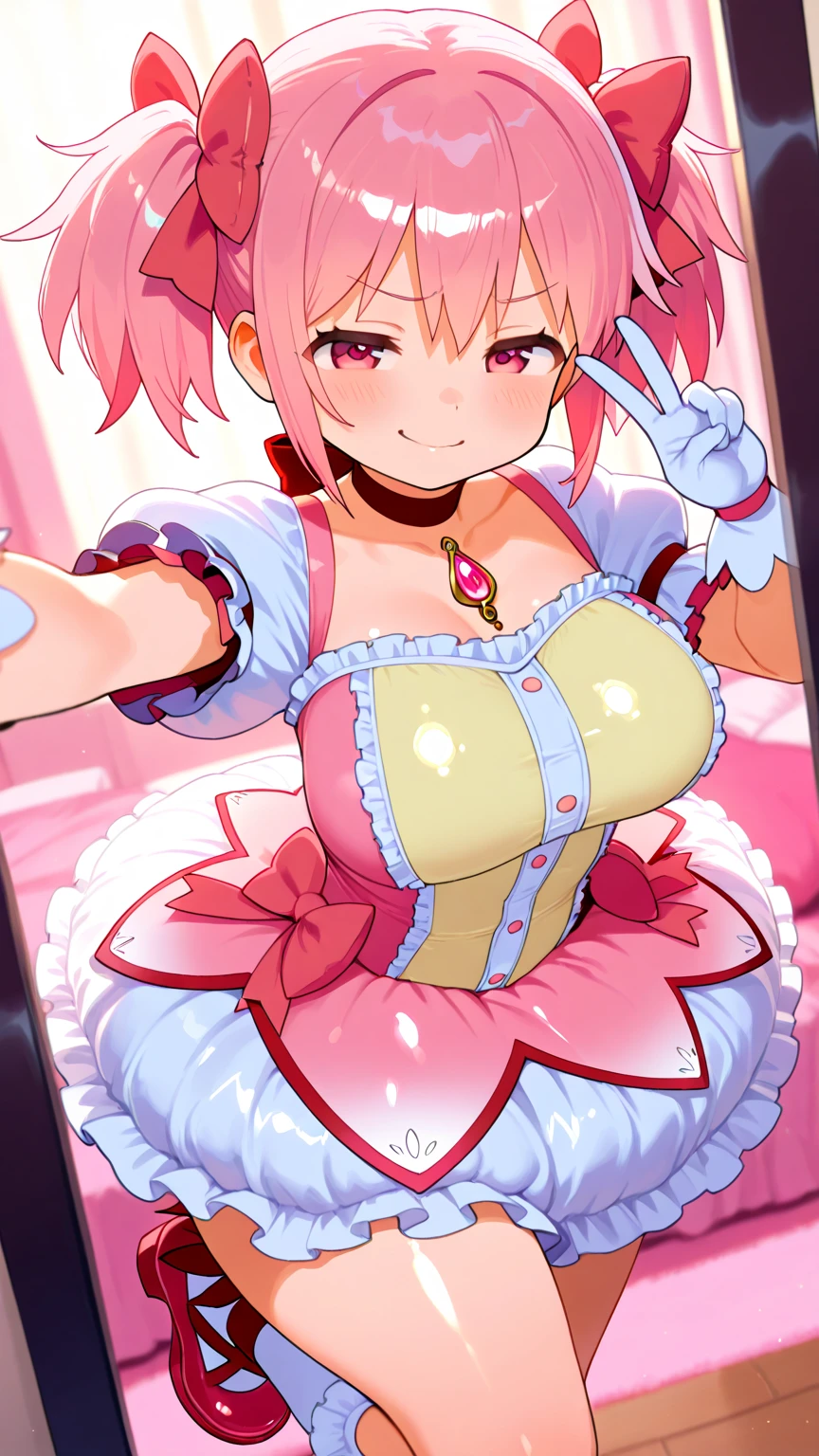(masterpiece、highest quality、Super detailed)、((1 girl))、((pink hair))、((twin tails))、((light blue eyes))、evil smile、((grin))、steam、earrings、((very big breasts))、((pink bodycon))、((Condom belt))、cowboy shot、((bent over:1.2))、((open door))、bedroom background, (cumdrip), cum in pussy,