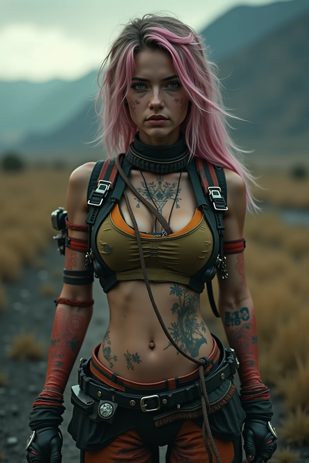 (high resolution, 8k, photorealistic, hyper detailed, masterpiece, exquisite, vivid colors, perfect composition, intricate details,Best Quality, 8K, Masterpiece: 1.2, Photorealistic: 1.37, HDR, UHD), a cute tough girl with pink hair and cute green eyes in an erotic camouflage soldier costume with miniskirt, EXTREMELY HUGE BREASTS, photorealistic, wide cleavage,image of a full-body woman,Post-apocalyptic world,Intricate Tattoos.NSFW IMAGES ALLOWED,BREASTS 3D,image 3D,3D woman, extremely detailed breasts, extremely detailed face, beautiful detailed eyes, beautiful detailed lips, long eyelashes, detailed facial features, highly detailed skin, realistic skin pores, realistic hair strands, ultra-realistic 3D rendering, high-quality 3D model, photorealistic, hyper-detailed, intricate details, EXTREMELY PROFILED IRIS AND PUPIL. IRIS AND PUPIL PERFECTLY DETAILED AND COLORED. EXTREMELY CONTOURED BREASTS. PERFECTLY DETAILED BREASTS. REALISTIC BREASTS.Focus on breasts and face,beautiful ultra detailed natural breasts, extremely shaped breasts, breasts move/bounce naturally,prominent hardened nipples that are perfectly marked on clothing