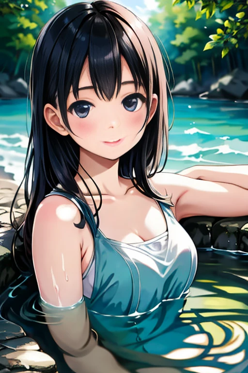 ((Highest quality)), ((masterpiece)), (detailed), 1girl, 独奏, miko, 比基尼, sexly, large breasts, yellow eyes, long hair, black hair, blue hair, multicolored hair, sidelocks, bangs, wet, water, beach