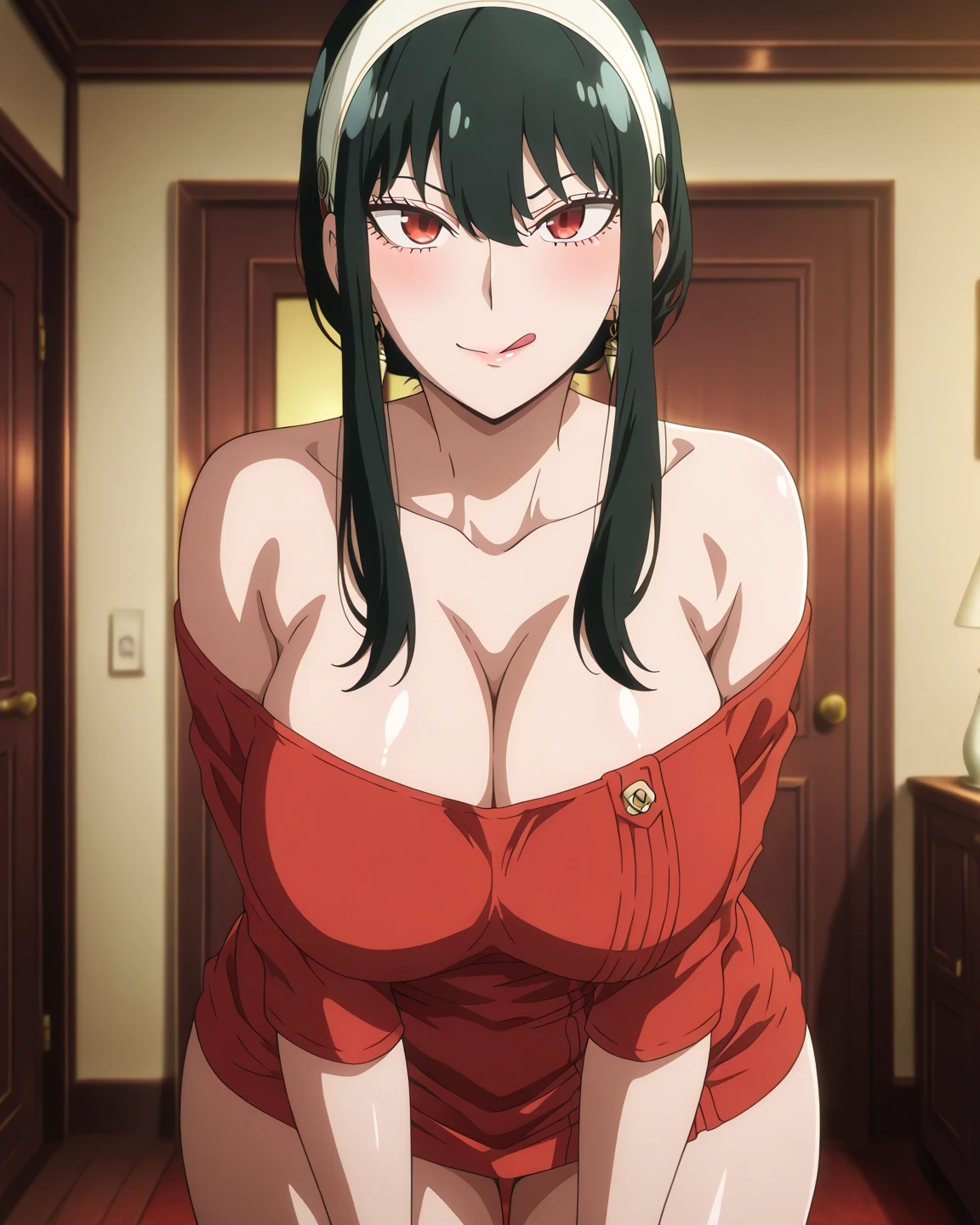 1girl, masterpiece, high quality, huge breast, bright breasts, looking into camera, safe, shining , blush face, black lace dress, cleavage, standing,  yor briar, yor forger, laceyor briar, black hair, (red eyes:1.5), earrings, white hairband, hairband, long hair, sidelocks,