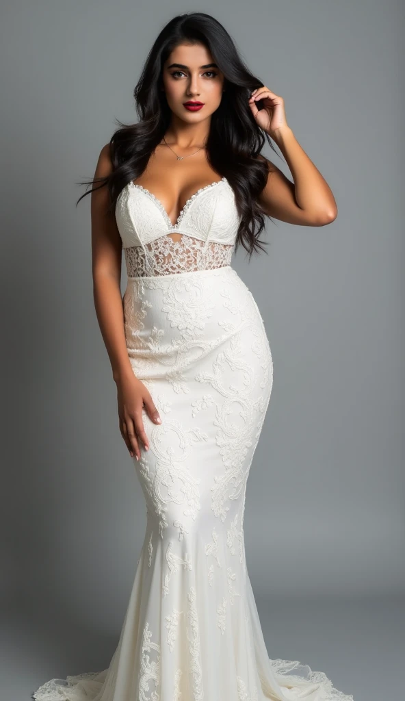 (cowboy shot:1.2) image of a white bride with long sleeves and lace dress, hands on hips, (black hair), blue eyes, blunt bangs, (off-shoulder, choker, earrings, tiara:1.3), looking at viewer, (gigantic chest:1.3), slit dress, bare thighs
