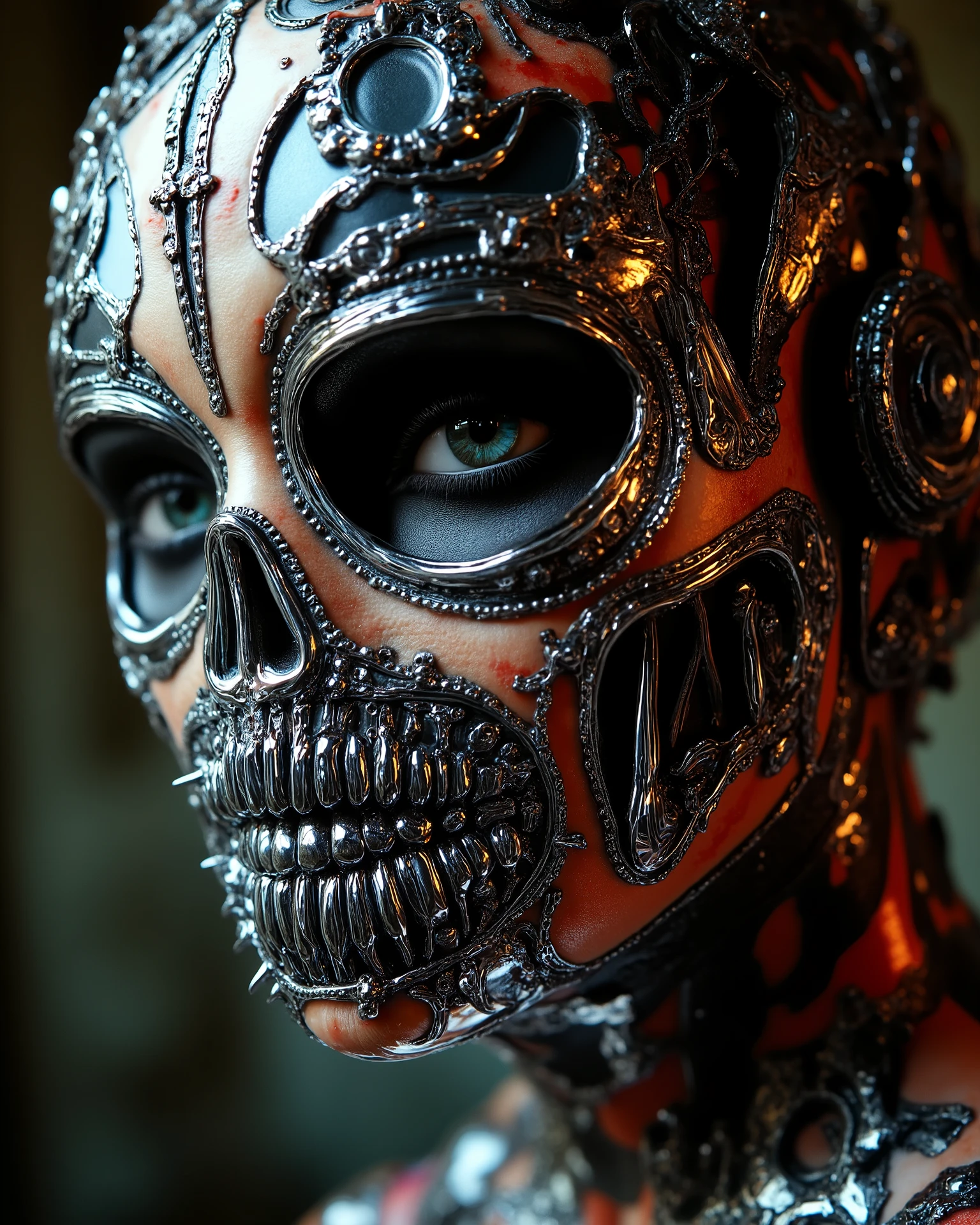 A Close-up of the, Jim Burns punk style, Russian model with her hidden face with a chrome mask, shows us her barbed heart with hundreds of steel thorns, design has chrome pieces inside., The masterpiece of the art