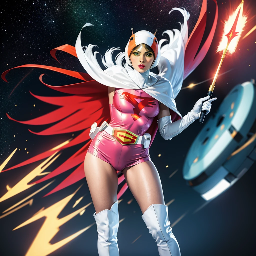 ANI_CLASSIC_jun_gatchaman_ownwaifu,1girl, 15yo,good anatomy, masterpiece, best quality,realistic, hyper realistic, 16k hdr, long hair,breasts,lips,large breasts,lipstick,makeup,gloves,cape,helmet,belt,elbow gloves,white gloves,mask,ultra miniskirt,leotard,spacesuit,white tight overknee highheels boots,pink dress,superhero,bodysuit,cleavage,erected nipples,(stand pose,hands on hip),(spread legs:1.1),cameltoe