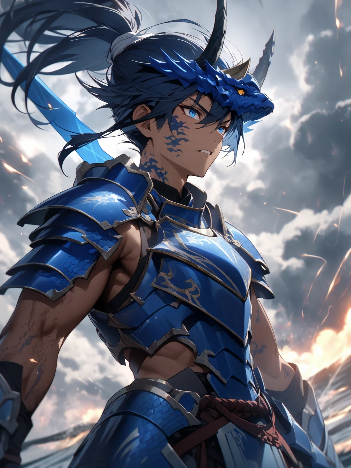 A young man who has an impressive physical structure, com uma estatura imponente de 1,90 m which makes it easily recognizable anywhere. His body is robust and muscular, with a thin waist that accentuates your strength and power. His broad, well-developed shoulders add an aura of power and authority to his figure.. Nexus&#39;s hair is an intense, vibrant blue., adding a distinct and unique feature to your appearance. A cor de seus olhos amarelo dourado, criando um contraste marcante. Your skin is tanned and healthy, displaying a series of small scars that testify to his journey as a seasoned warrior. Nexus prefers practical and functional clothing, adequadas para o combate, with a preference for dark tones that contrast with her blue hair. Its armor is light and flexible, allowing him freedom of movement to utilize his unique abilities to create currents from his own body. Some areas of your skin, especially on the arms and hands, are left exposed, allowing him to manifest his currents unhindered. His posture is confident and decisive., reflecting his determination and courage as a renowned knight.