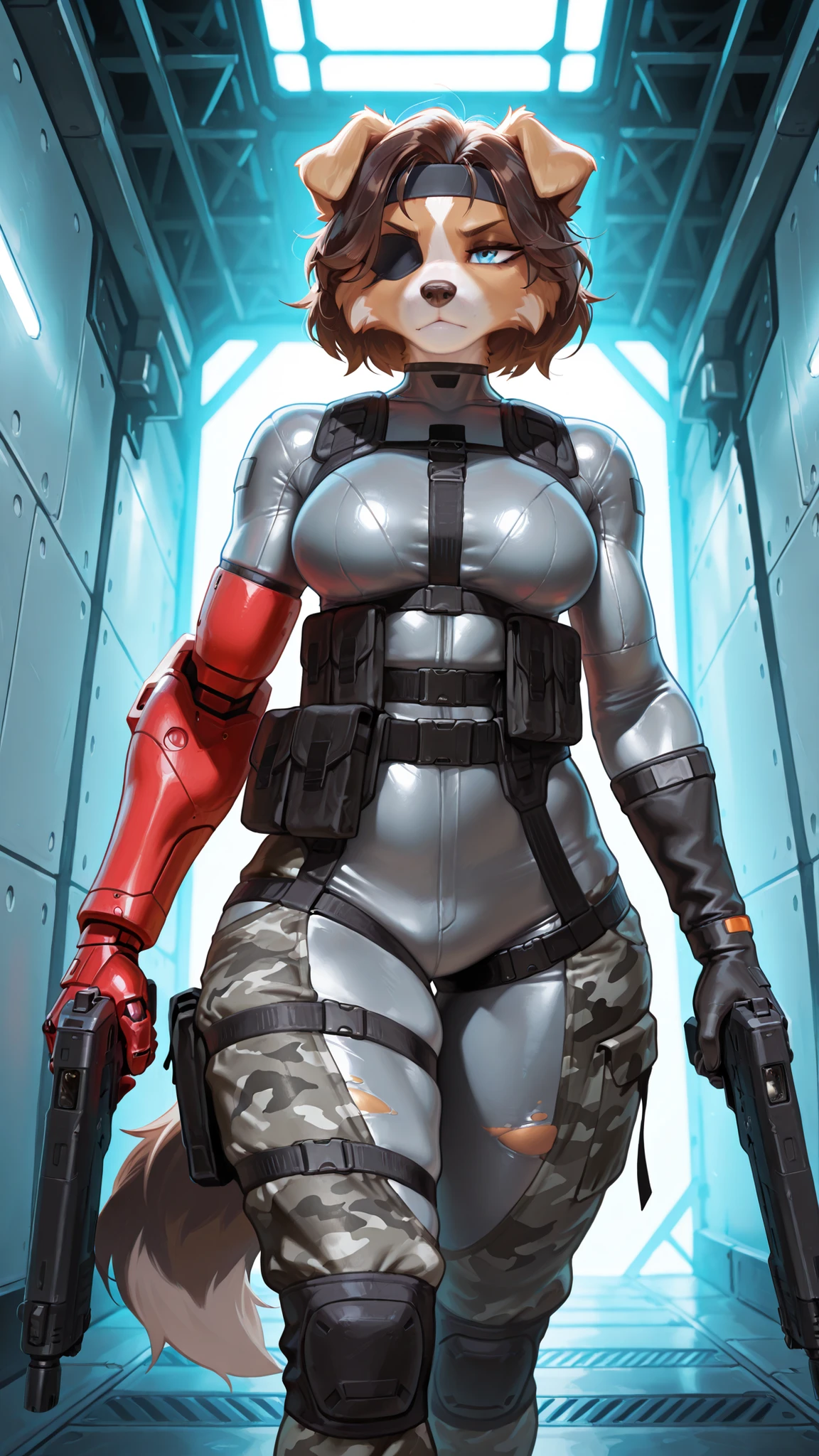 masterpiece, best quality, amazing quality, very aesthetic, high resolution, ultra-detailed, absurdres, newest, scenery, 1girl, dog (Border Collie), furry female, mature female, blue eye, brown hair messy hair, short hair, (25-year-old woman), closed mouth, serious expression, narrowed eyebrows, tail, medium breast, female focus, contrast lighting, side lighting, masterpiece, best quality, newest, absurdres, highres, amazing quality, very aesthetic, bunker setting, metallic walls, no lineart, cinematic, dynamic angle, solo, ambient lighting, messy fur, tilted angle, eyepatch, black headband, gray bodysuit, black gloves, black harness, black belt pouch, holding with both hands a gun with a silencer, walking slow, concentrated, (torn gray camo pants), baggy pants, belt, one robotic forearm (red forearm)