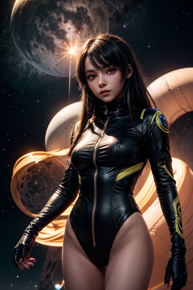 1 girl, young, 16 year old, Asian girl, full body from head to toe, realistic, realistic face, realistic eyes, worried, looks over her shoulder, side lighting, wallpaper, looks at viewer, futuristic steampunk buildings in background, long cape and sleeveless hood, cut out front of one piece swimsuit, ground earth, outdoors, hold steampunk sword in left hand, fly in the sky with steampunk jet pack, dragon logo, two moons in the starry sky,