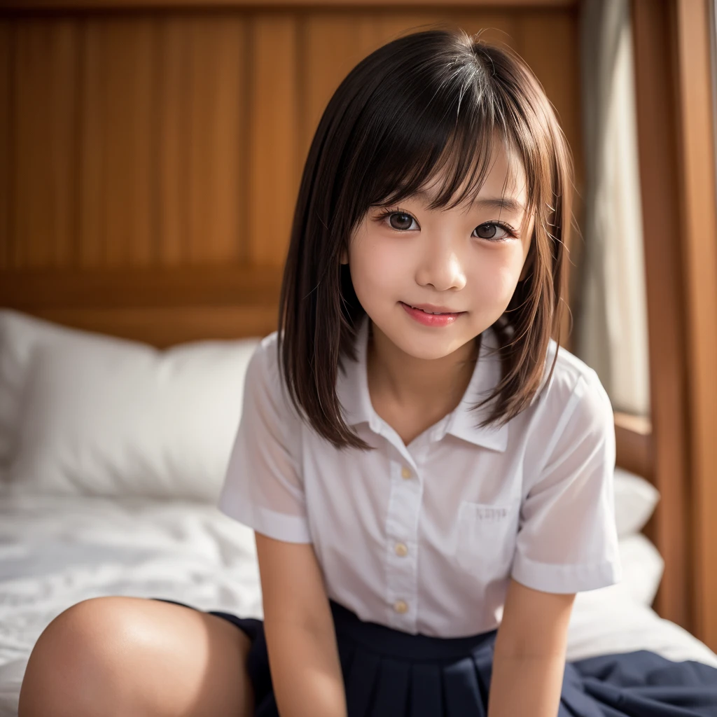 8k,Japanese,6 years old,innocent face,teenage girl,cute,summer clothes,everyday wear,sitting,black hair,on the bed,coastline,hair clip,night view,starry sky