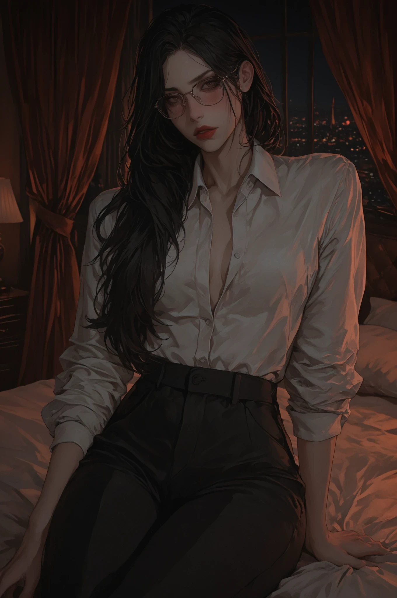 semi-realism, high definition, masterpiece, best quality, highres, extremely detailed, best aesthetic, high resolution, good colors, woman, mature, sharp jawline, atracctive, brown eyes, eyelashes, looking at the viewer, blushing, slightly GRUMPY, wearing thin-framed delicate glasses, cheekbones, long STRAIGHT black hair, curtain hair bangs, intense RED lips, formal white shirt, black pants, night, night time, dark, sitting on the bed, ((elegant bedroom background= night, ambiental oclusion, elegant, clean, order)) ((bottom view))