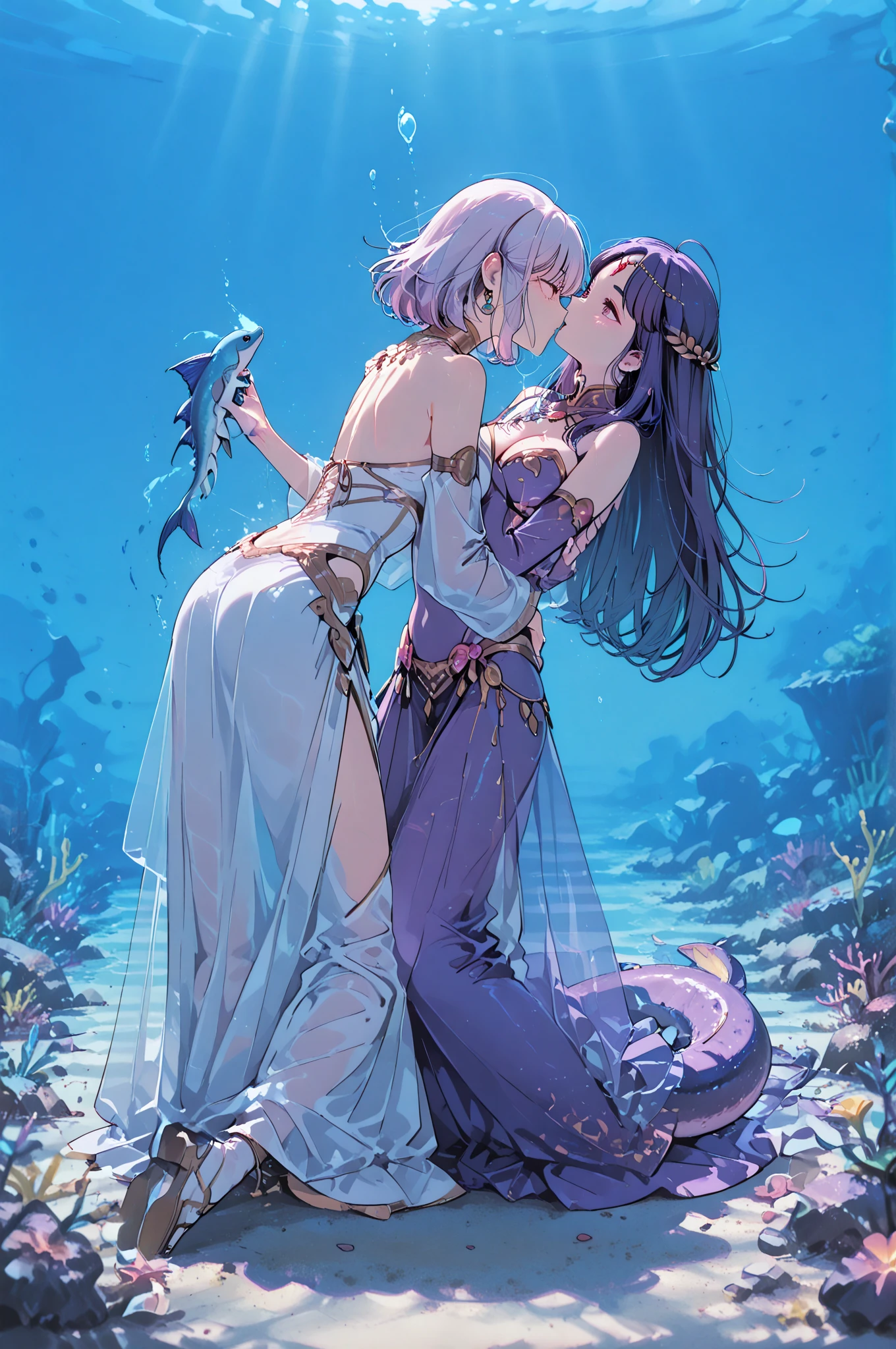 (man hugging a black-haired girl), long dress girl, masculine man, masculine face, attractive, muscular, (((1man))), masterpiece, absurdres, best quality ,intricate details, ((((full body)))), (shiny skin, shiny body, shiny oily luster skin, shiny hair, pale skintone), Sundown, attractive, ((muscular)), adult, one, earrings, Don't look at the view , Not looking at the view, silver hair man, braided hair man, perfect detailed face, perfect detailed hands, triton, fins, red eyes, triton ears, smirk, marine sea ornaments, open chest, ((long mermaid tail)), no legs, under the sea, fishes, masculine features, masculine face, (((night))), moonlight, darkness, dark light, character seen from afar