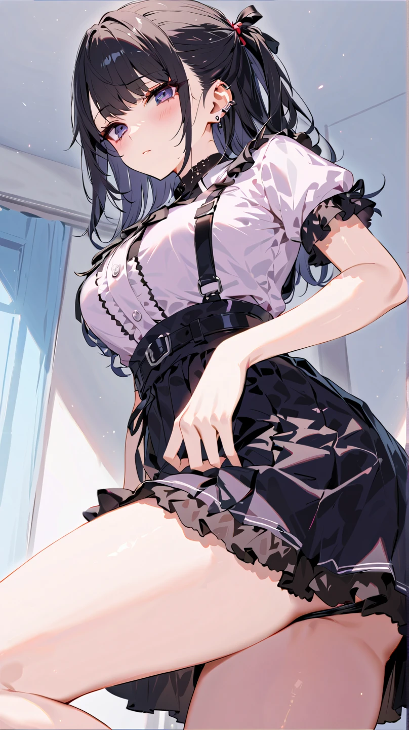 4k,extremely detailed CG , high-resolution, masterpiece, best quality, ultra-detailed,illustration, an extremely delicate and beautiful, well-groomed face ,Perfect face, perfect body,perfect hands, nsfw(nsfw 1.4), 1girl, shoot from below ,topless, spread legs(spread legs 1.4), squatting(squatting 1.4),skirt lift,black skirt, black pantyhose, panties, expressionless