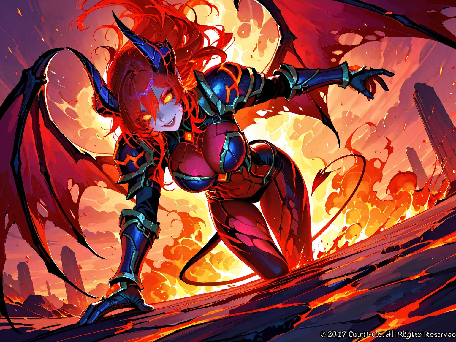 Fantasyart、(top-quality、masterpiece:1.2)、ultra-detailliert、(photoRealstic:1.1)、(sharp focus)、(A female spirit of melted flame that burns bright red:1.5)、(full body Esbian:1.4)、Detailed Molten Fire Elemental、(Red and Yellow Blue Flame:1.5)、Being in a fantasy world。Fructal art of flame、kindly smile、beautiful face、A detailed face、perfectly proportions、big breasts、busty, curvy hips、navel、buttock、?????? gap、thighs thighs thighs thighs、(Dynamic Poses:1.5)、Steampunk style、Detail Master 2、steampunc、Movie girl、Girl melts、