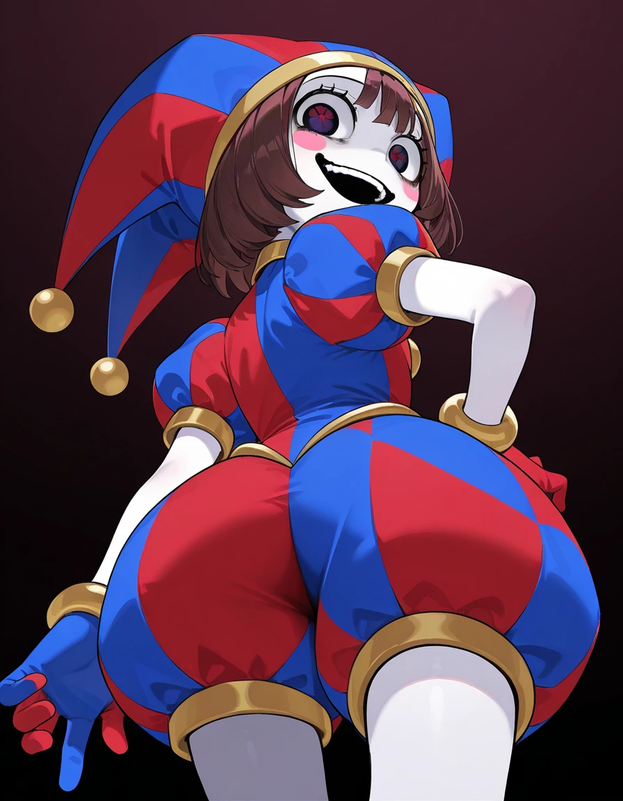 ((crossdresser)), (((1boy)))), (((solo))), ((((alone)))), ((medium dark brown hair)), ((fully enclosed smiling white jester helmet)), ((jester hat)), (((faceless))), (((no face))), (((hidden face))), ((((brown skin)))), wide hips, narrow waist, thick thighs, standing in a circus tent, ((flat chest)), visible bulge, (((full body skin tight colourful(white blue red) jester suit))), ((tall))