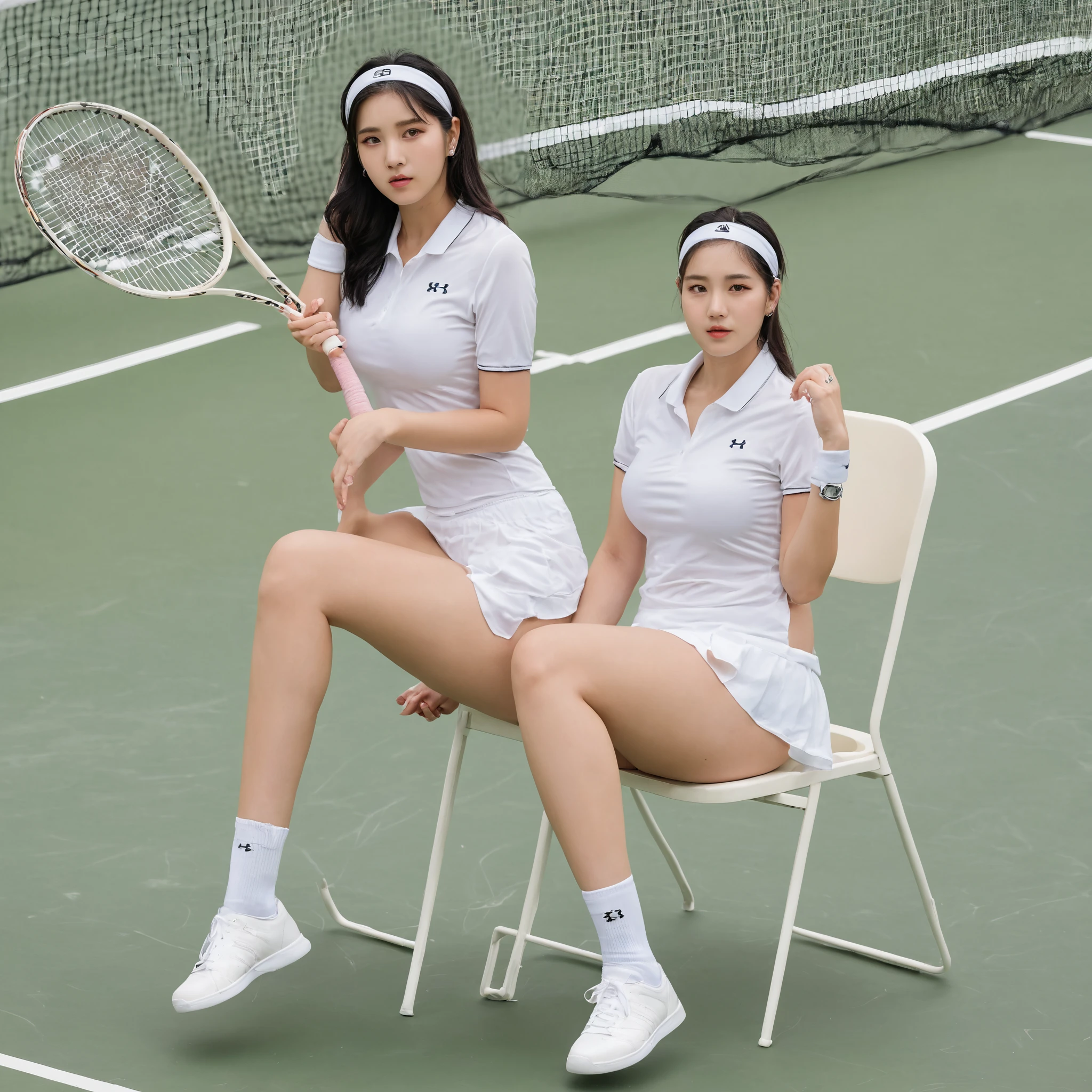 (2girls:1.5), Dark blue high socks majicMIX Real、(Raw photography:1.2)、(Photorealsitic:1.4)、The beauty of beautiful details and delicate facial expressions、((Panties are visible))(pantie shot)piercings Lashes beatiful detailed eyes、huge filesize、ultra-detailliert、hight resolution、Transcendent beauty top-quality、masterpiece、、(Japan Girls' High School Tennis Uniforms))、Very detailed expression, finely detail、Highly detailed face movie lighting、20year old girl、front facing、((dynamicposes)))、(Lean Back:1.2), (open stance spread crotch:1.5), (Face the front))、(From below:1.5), (up skirt:1.5), (See-through white polo shirt and tennis skirts:1.5), (low rise:1.5), (Black short hair:1.5), (Fit body:1.5), (Slim legs:1.5), (Thong Panties:1.5), (rain:1.5), (wet wear:1.5), (wet tennis uniform:1.5), (san tan:1.5), (tan line:1.5)