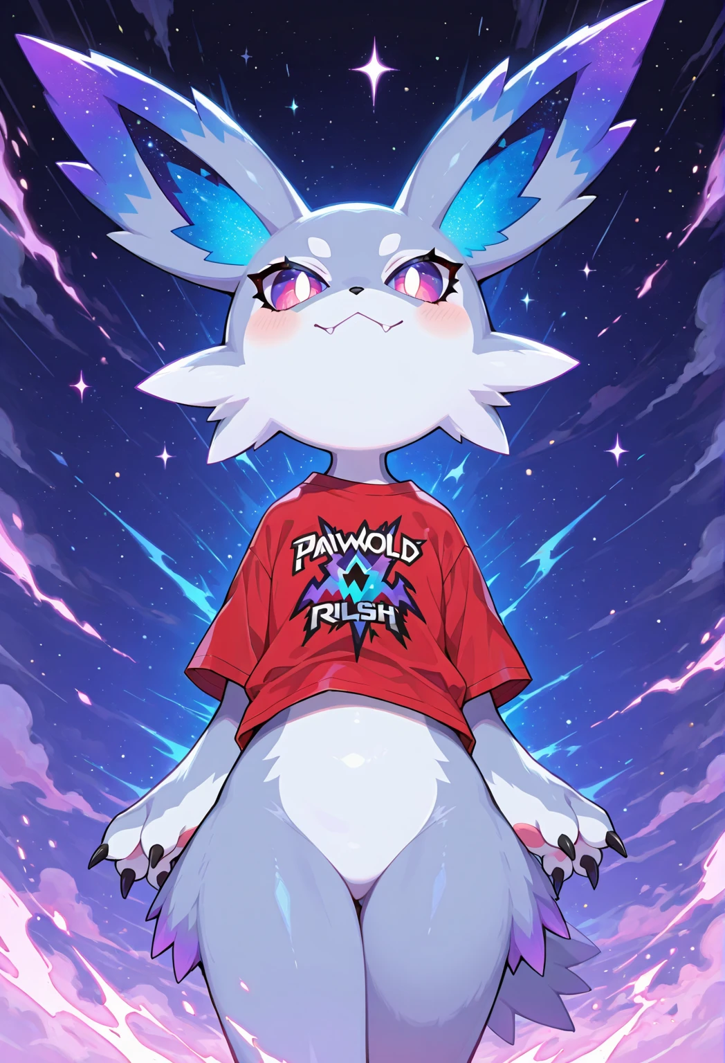 A dark purple Midnight femboy lycanroc wearing a blue and purple hoodie and diaper and white socks with black stripes and a gold necklace on his neck and with bracelets on his arms