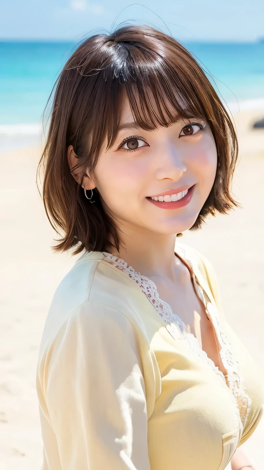 (top-quality、hight resolution、masterpiece:1.3)、Pretty women、slender figures、dark brown hair、tshirts、the beach、Highly detailed facial and skin texture、A detailed eye、二重まぶた、A big smile