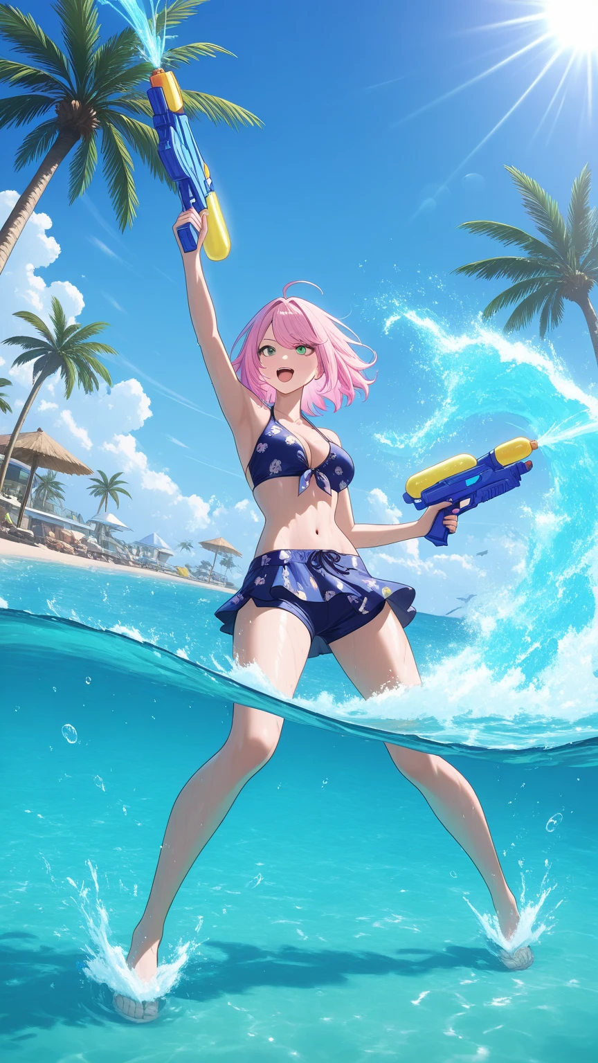 Swimsuit Rem playing water gun on beach by the sea