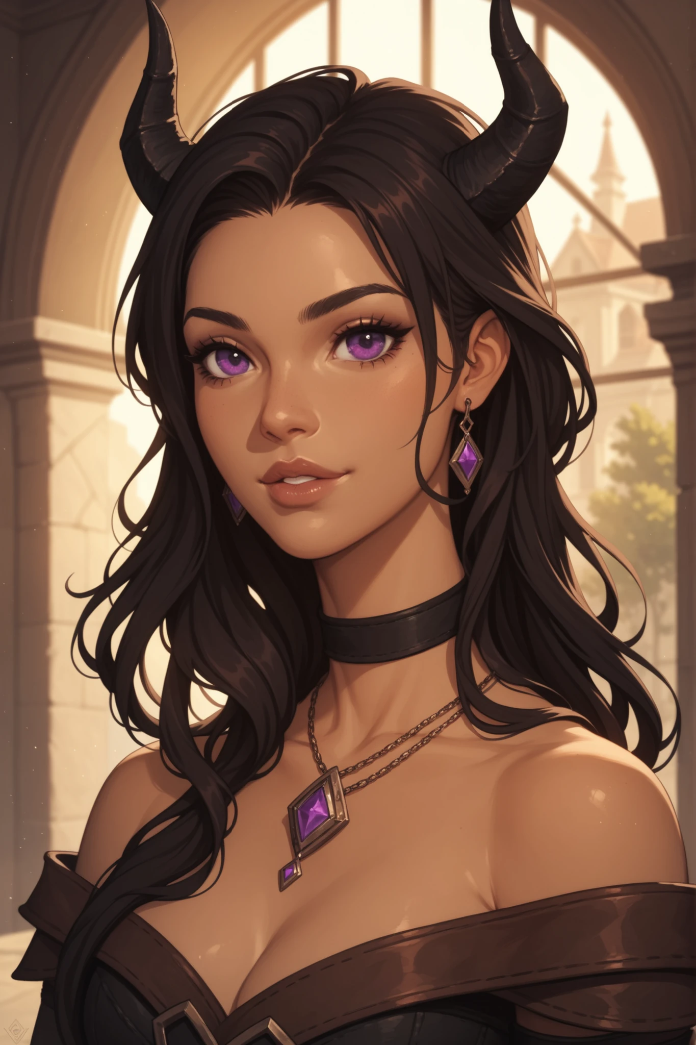 1girl, cute, black devil horns, short horns, 20 years old, lips, brown skin, black hair, medium-long hair, purple eyes, gentle curves, slim, rogue, beautiful, fantasy, RPG