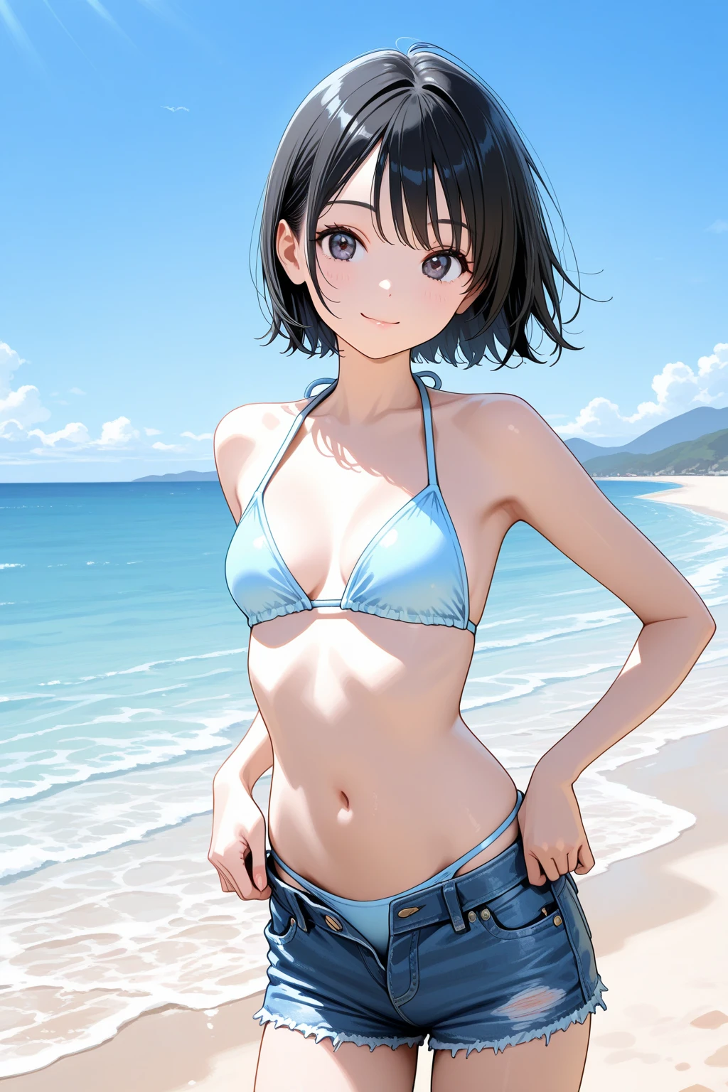 best quality,highly,detailed,masterpiece,ultra-detailed,illustration,
qiaoling,:3,black bikini,in water,beach,blue sky,beautiful detailed sky,
<lora:LinkClick-QiaoLing:0.6>